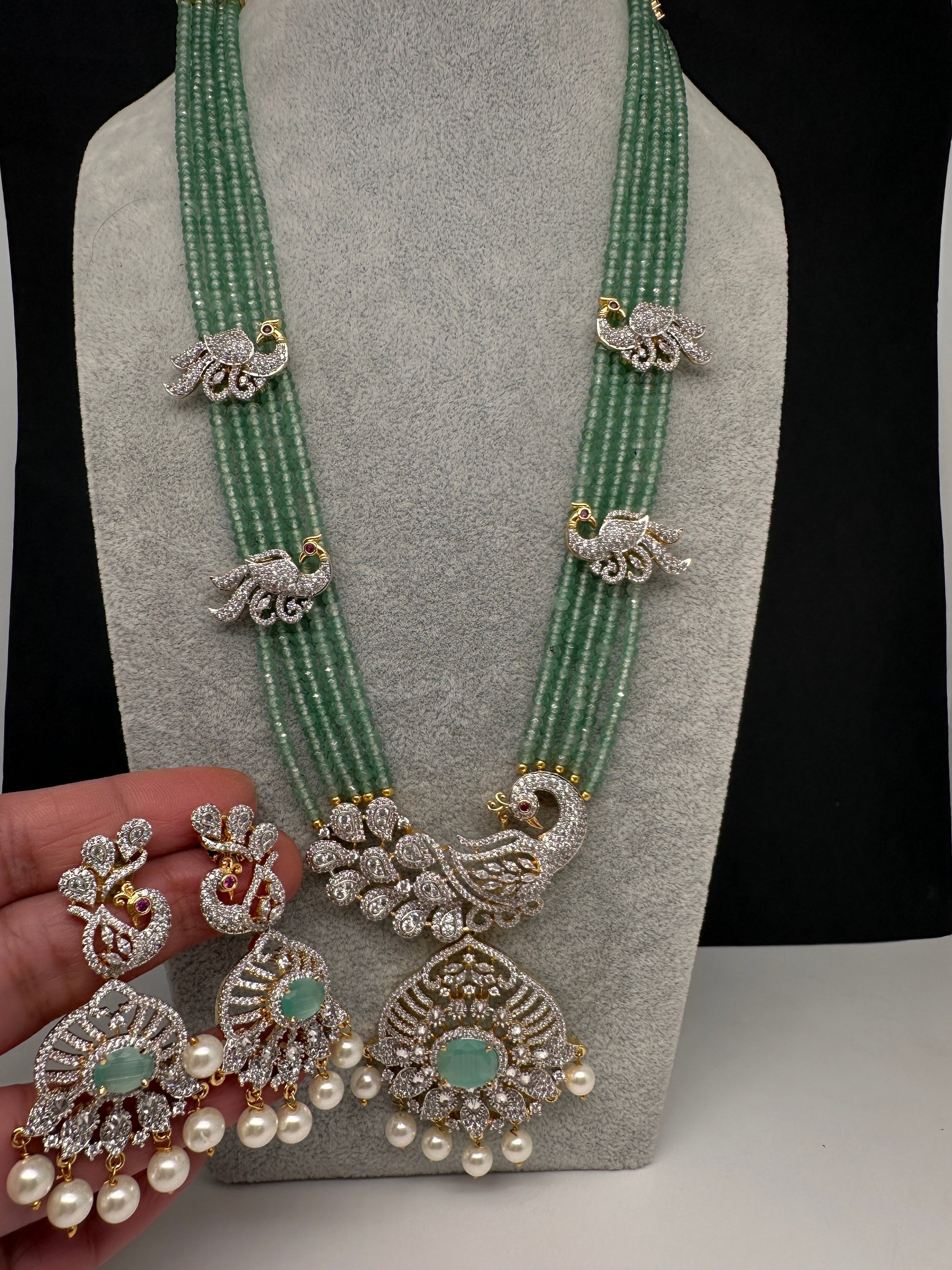 CZ Beads Long Color Stone Peacock Necklace - MintGreen