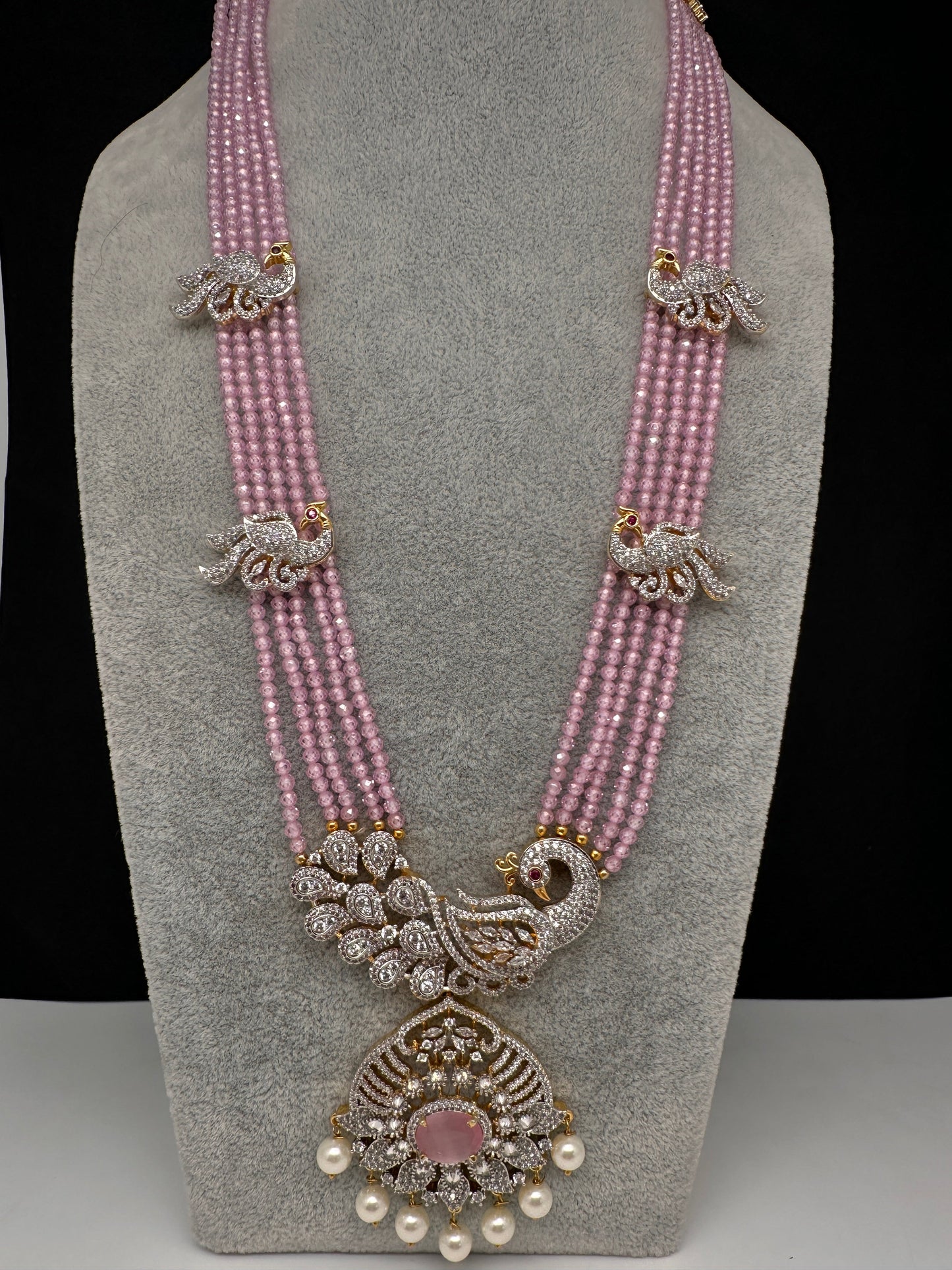 CZ Beads Long Color Stone Peacock Necklace - Pink