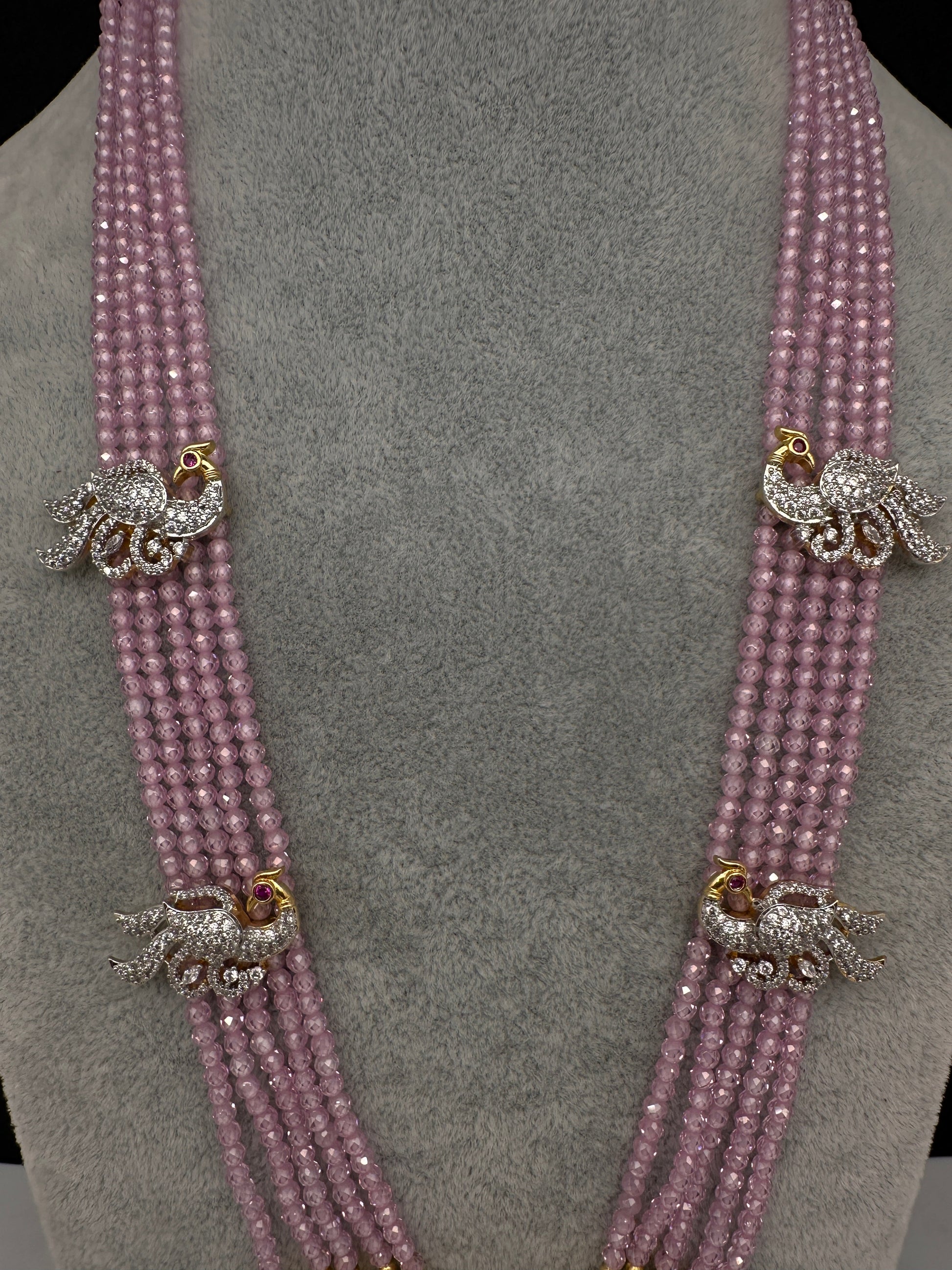 CZ Beads Long Color Stone Peacock Necklace - Pink