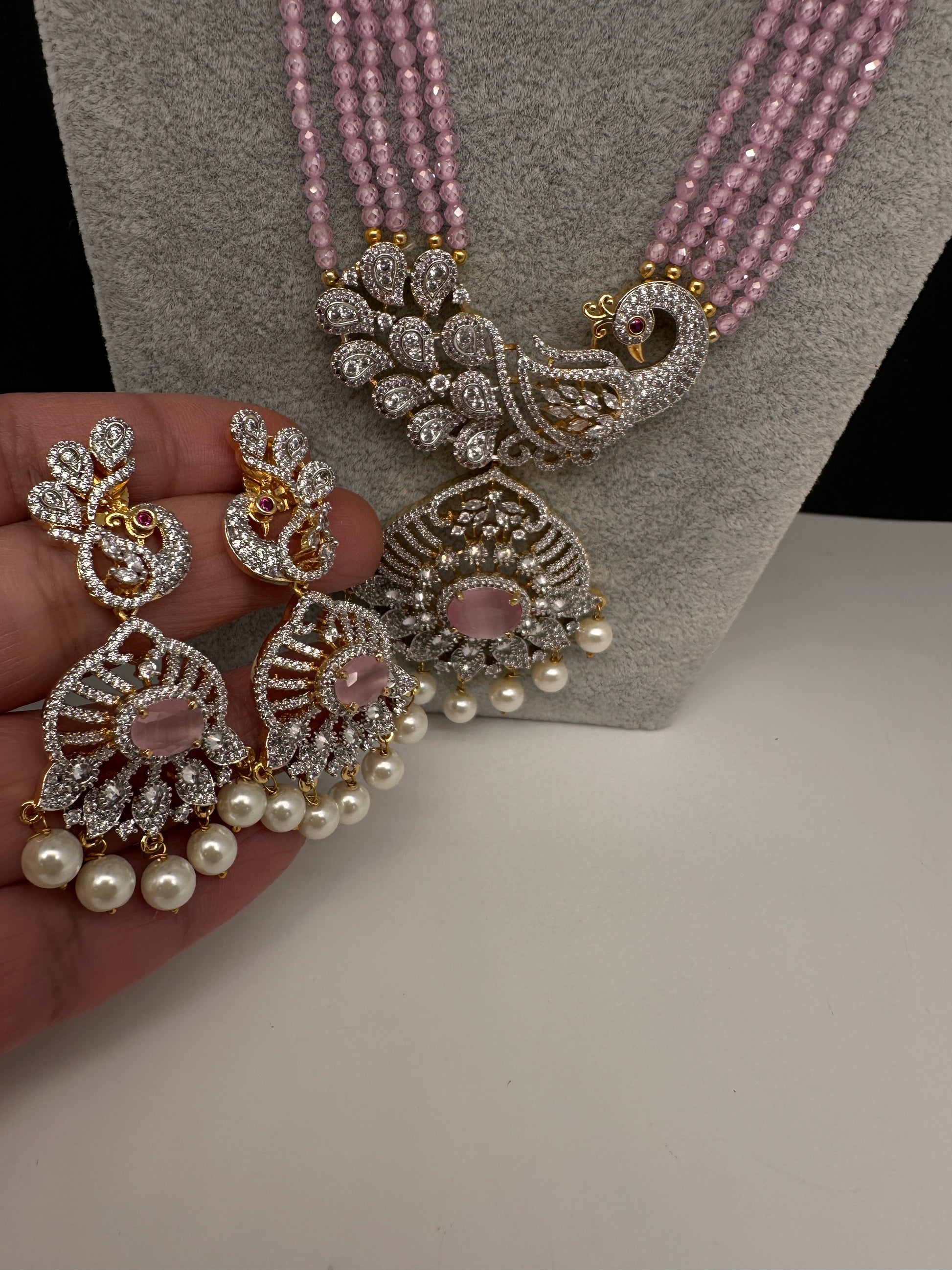 CZ Beads Long Color Stone Peacock Necklace - Pink