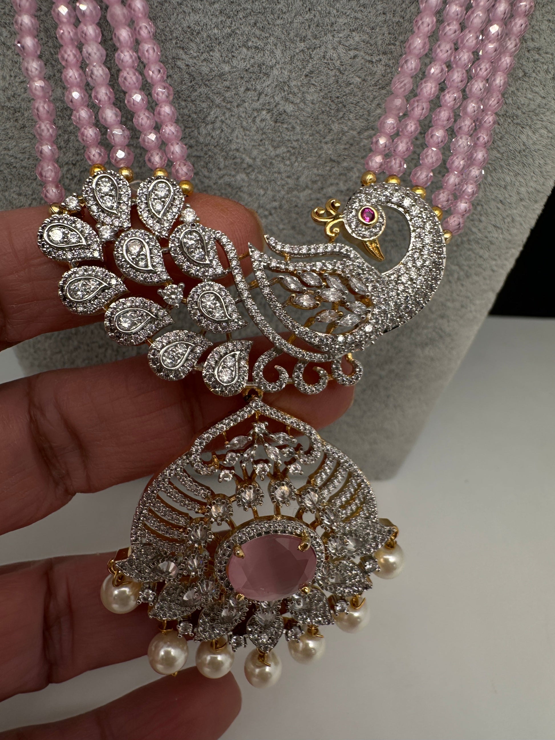 CZ Beads Long Color Stone Peacock Necklace - Pink