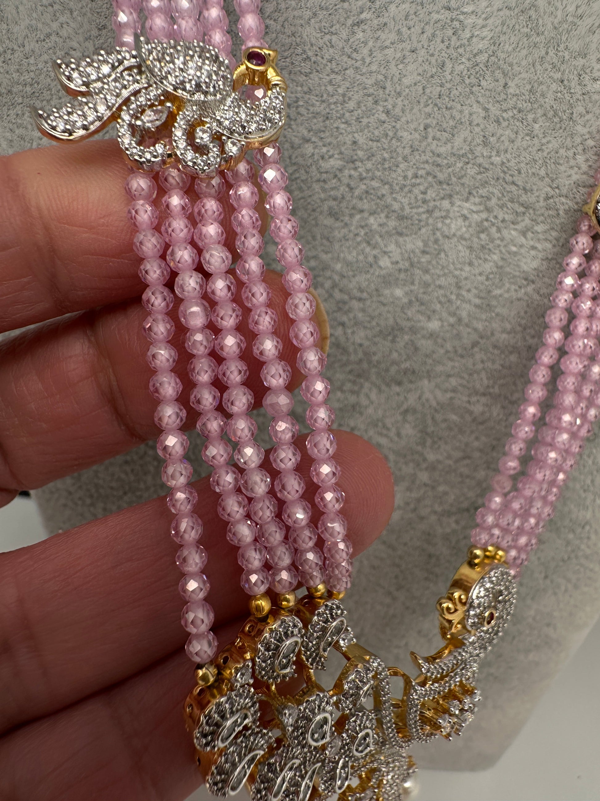 CZ Beads Long Color Stone Peacock Necklace - Pink