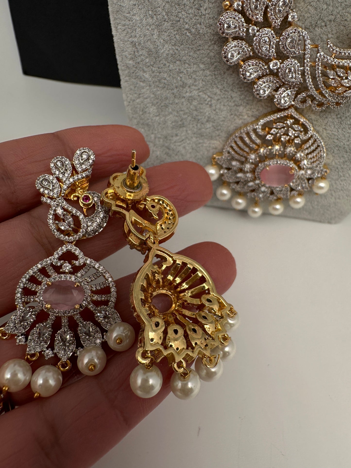 CZ Beads Long Color Stone Peacock Necklace - Pink