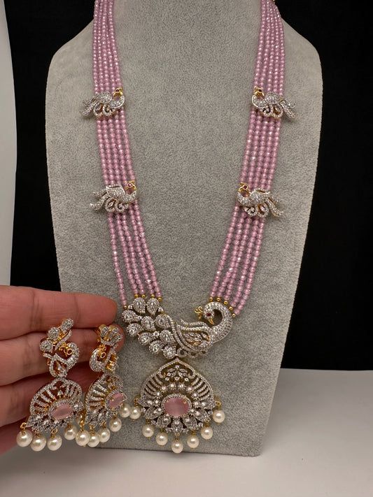 CZ Beads Long Color Stone Peacock Necklace - Pink