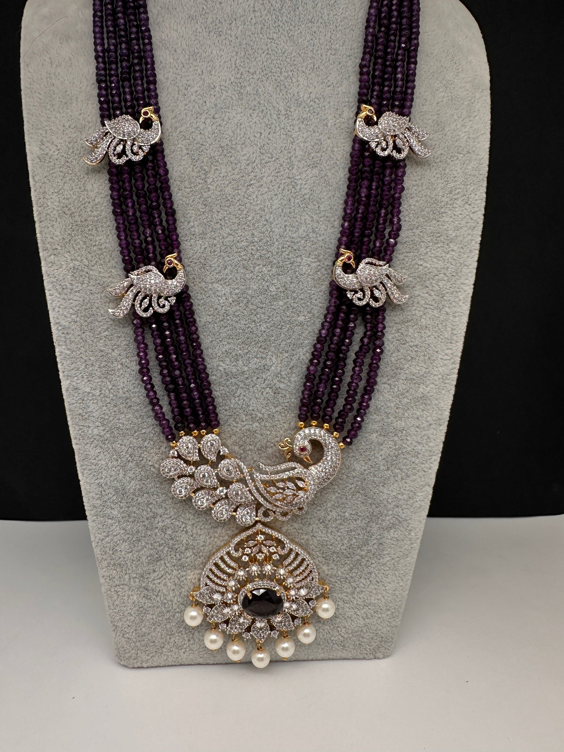 CZ Beads Long Color Stone Peacock Necklace - Purple