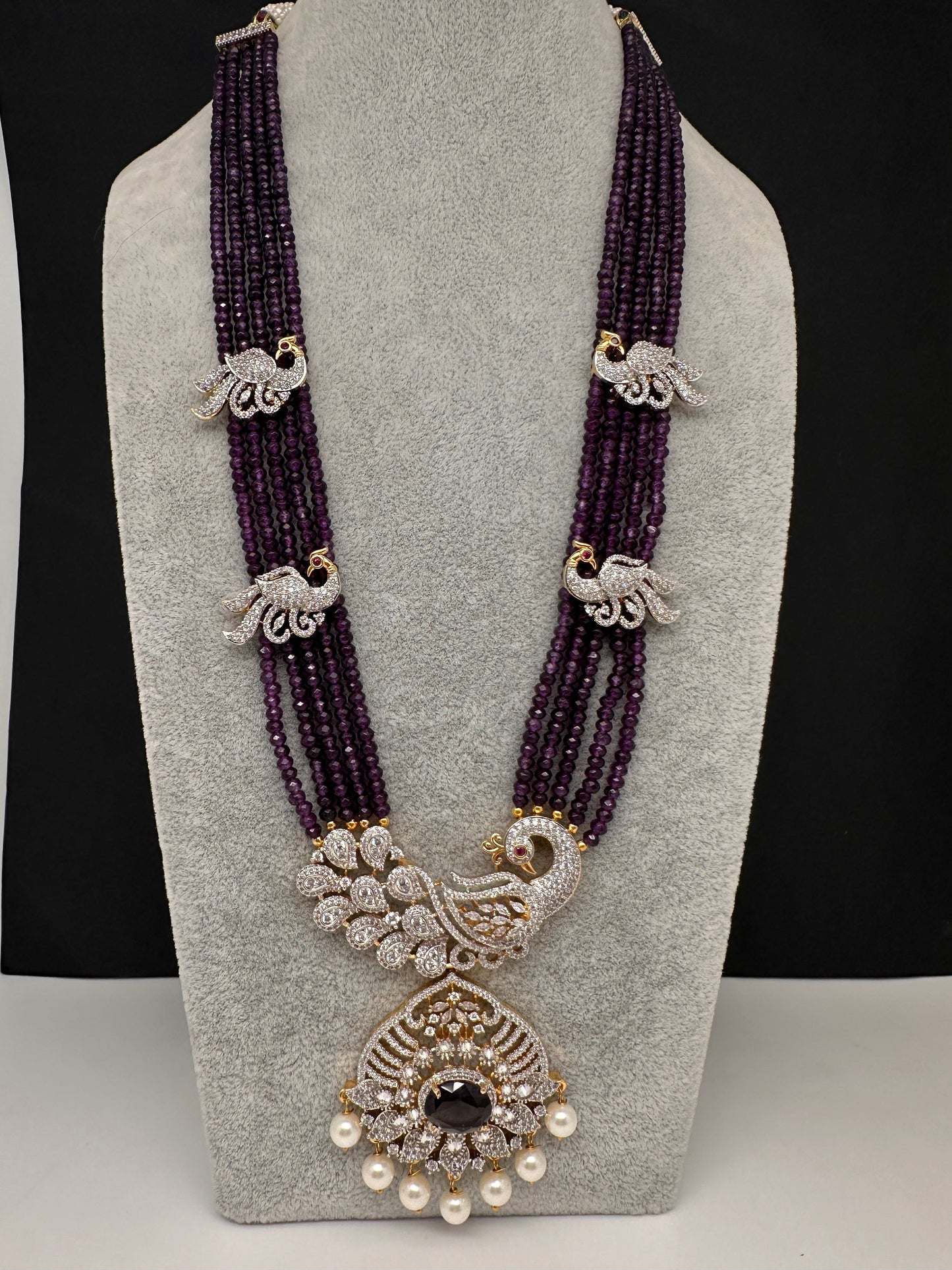 CZ Beads Long Color Stone Peacock Necklace - Purple