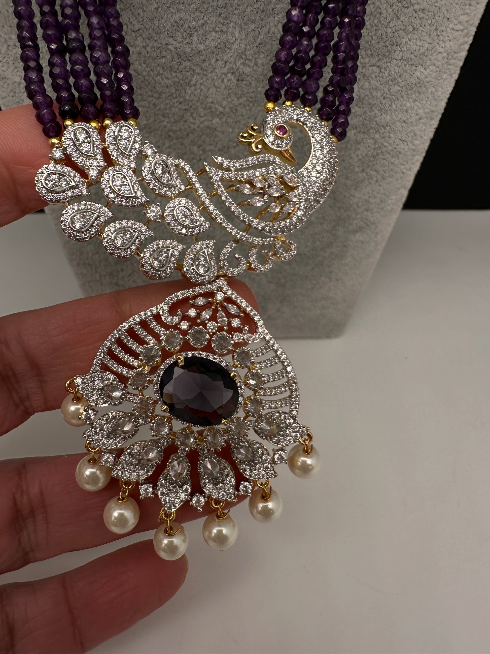 CZ Beads Long Color Stone Peacock Necklace - Purple