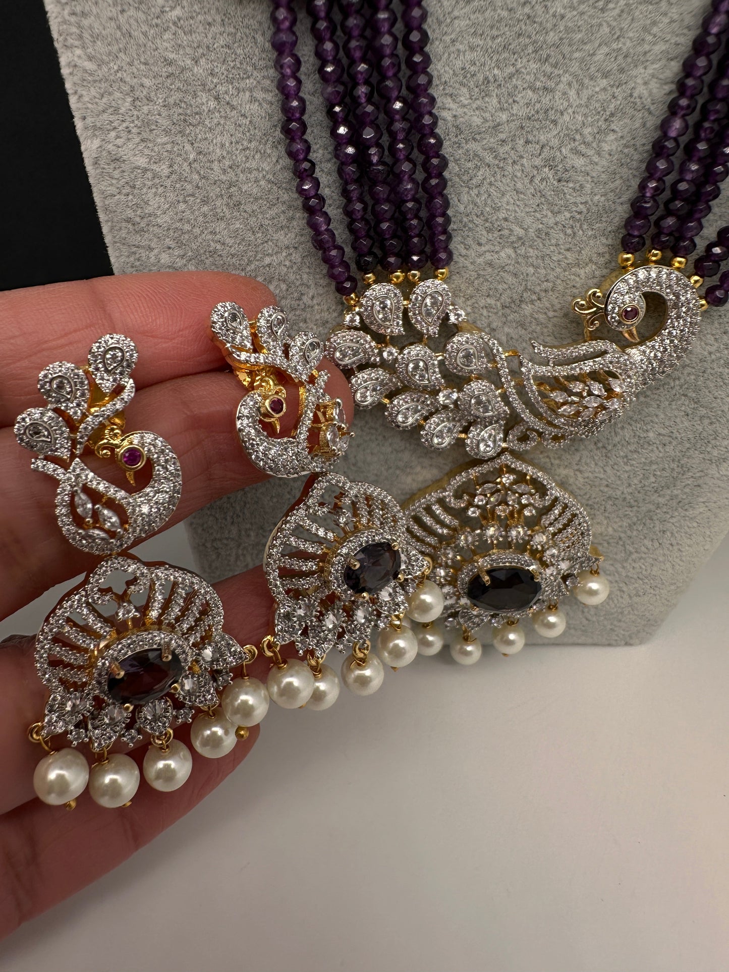 CZ Beads Long Color Stone Peacock Necklace - Purple