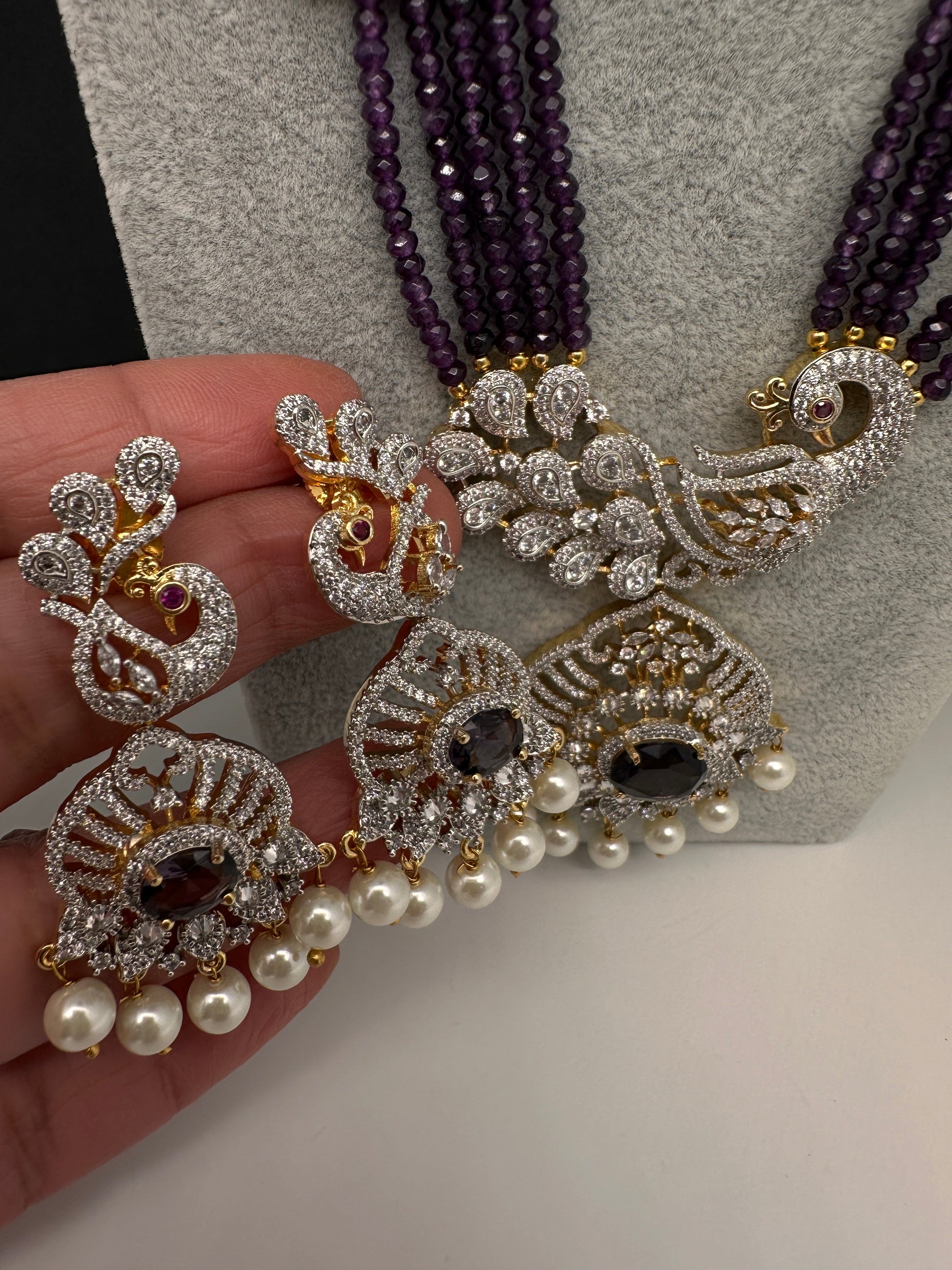CZ Beads Long Color Stone Peacock Necklace - Purple