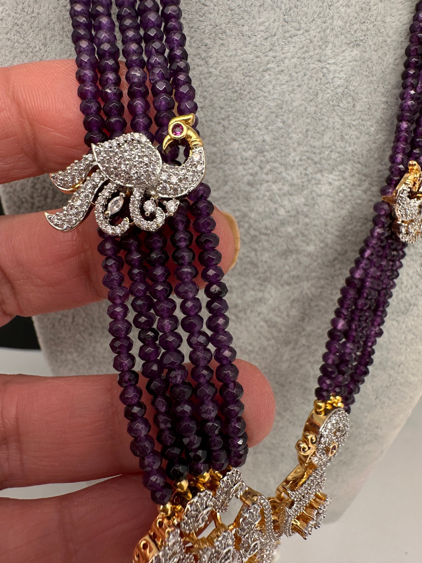 CZ Beads Long Color Stone Peacock Necklace - Purple