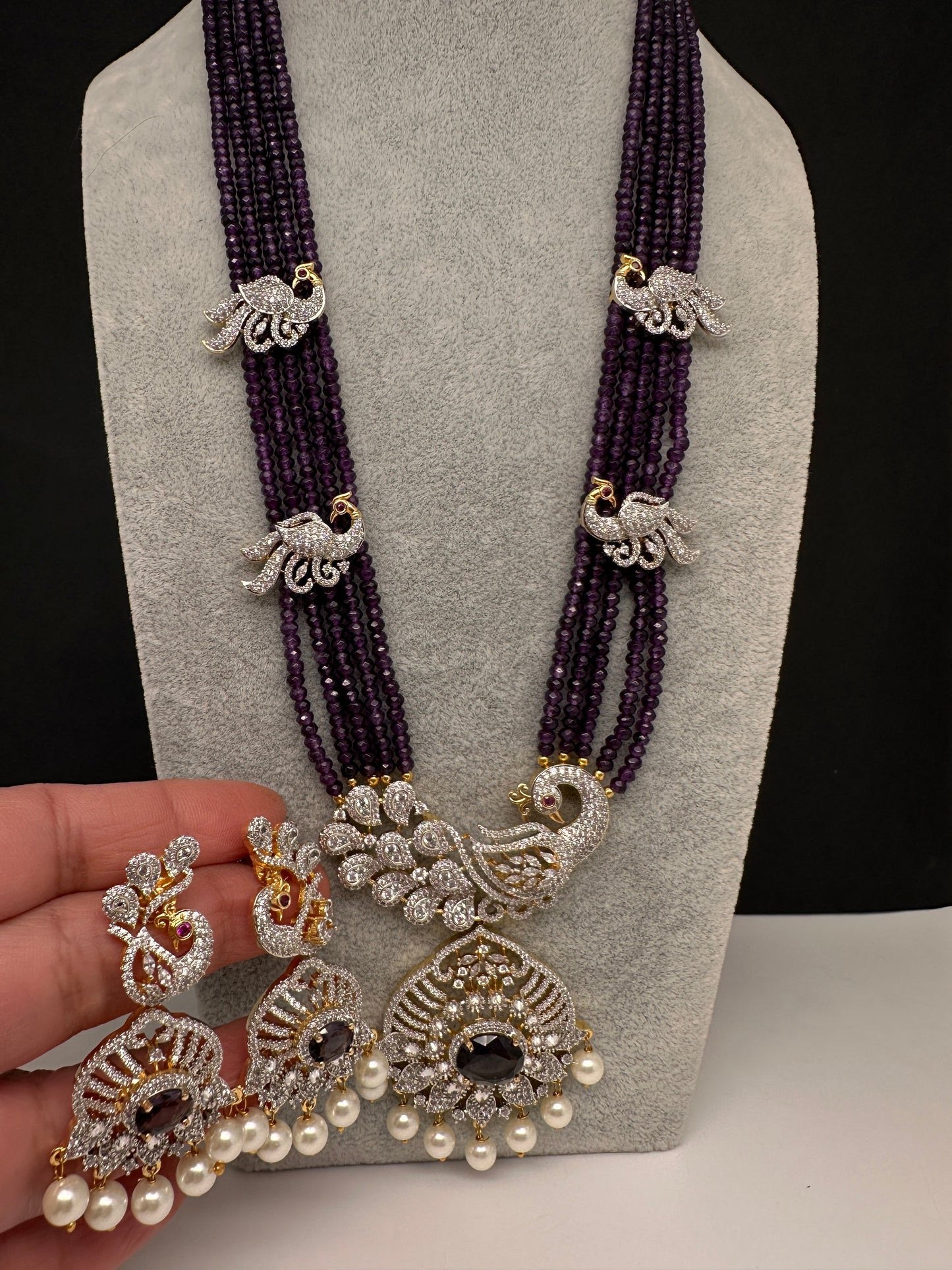 CZ Beads Long Color Stone Peacock Necklace - Purple