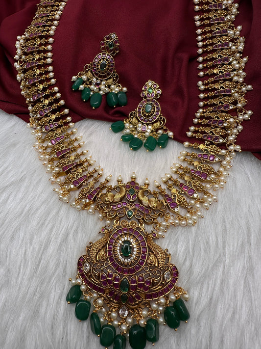 Kempu long haram necklace and matching earrings set