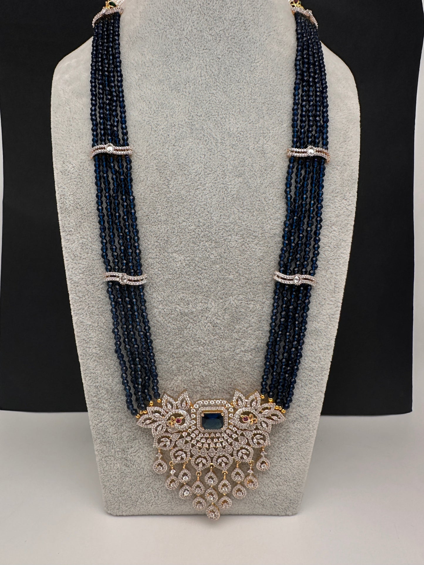CZ Beads Long Color Stone Peacock Necklace - Blue