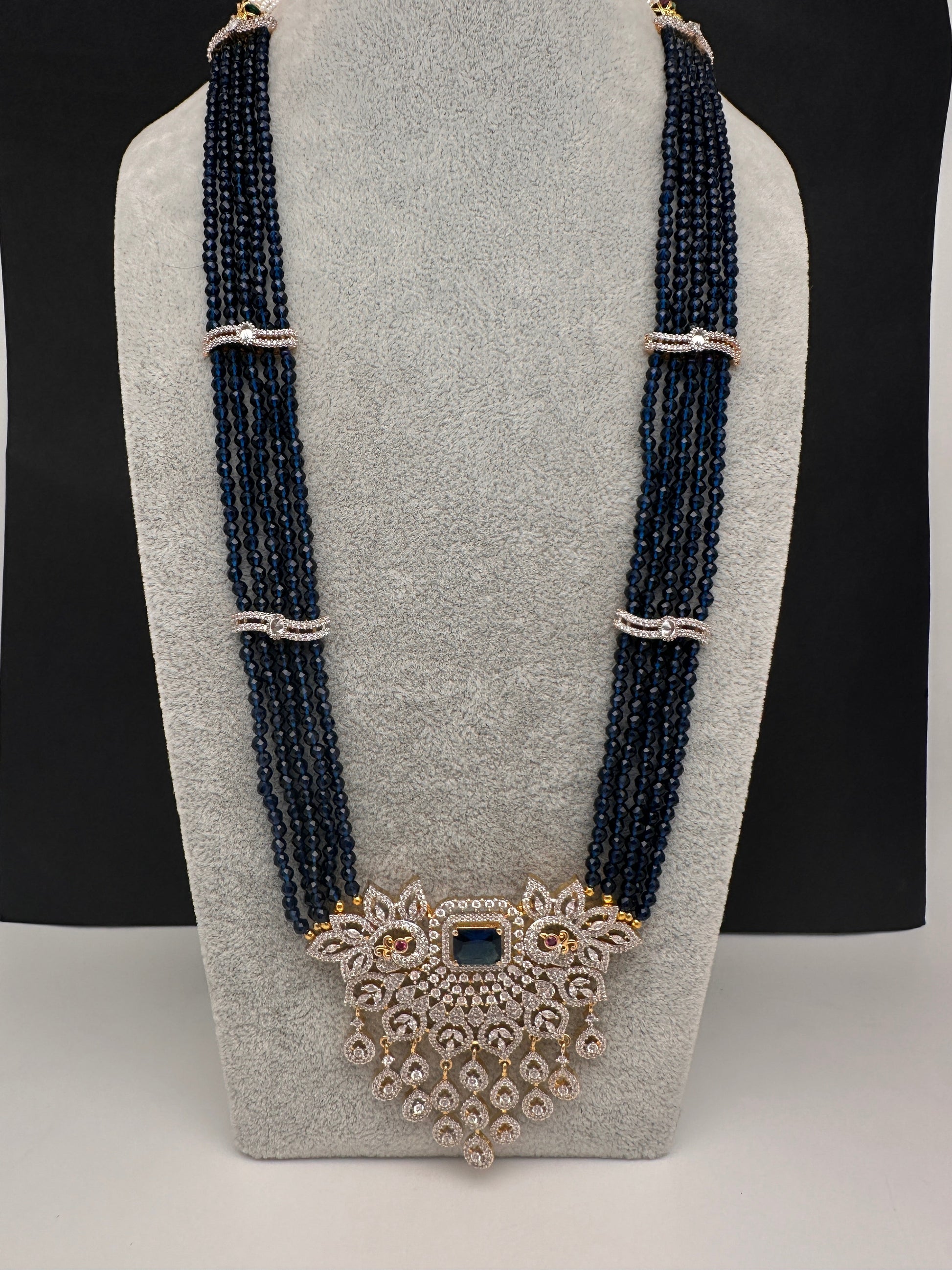 CZ Beads Long Color Stone Peacock Necklace - Blue