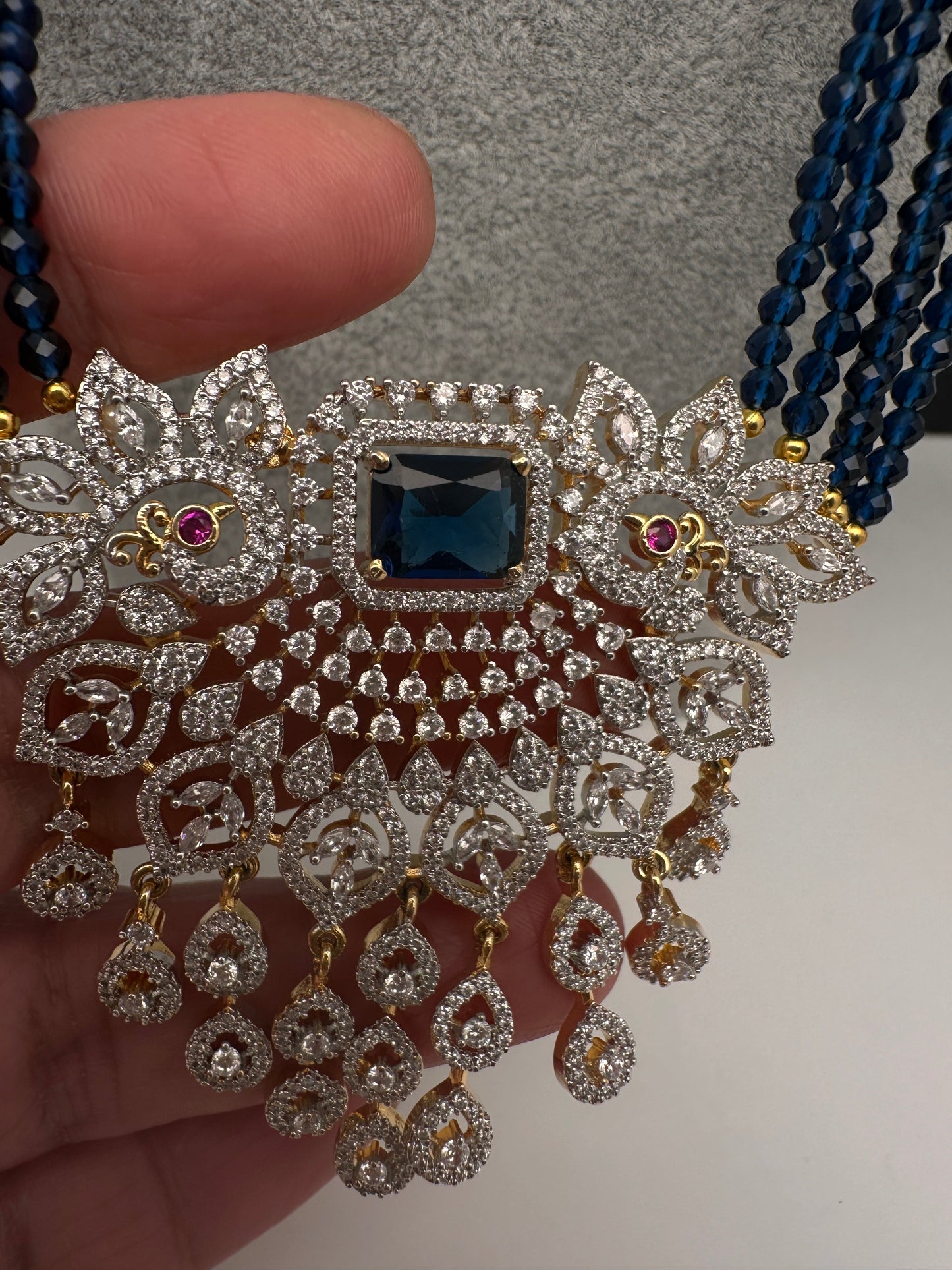 CZ Beads Long Color Stone Peacock Necklace - Blue