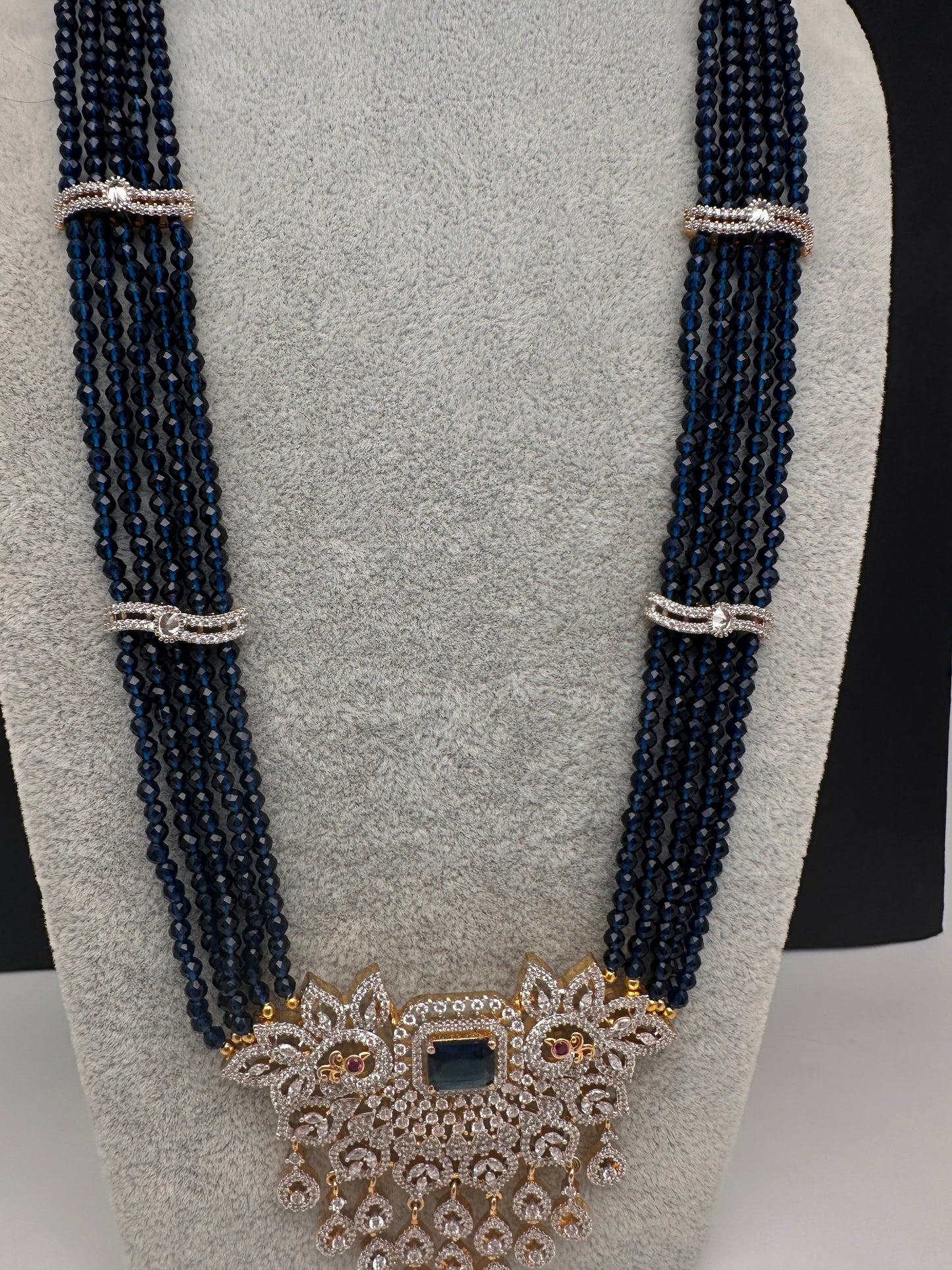 CZ Beads Long Color Stone Peacock Necklace - Blue