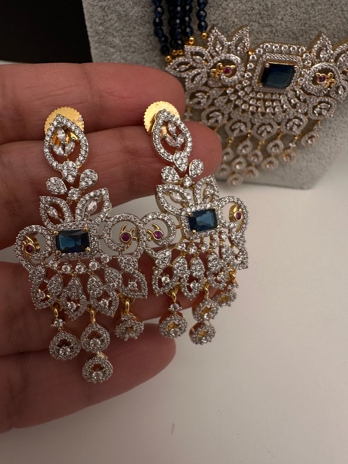 CZ Beads Long Color Stone Peacock Necklace - Blue