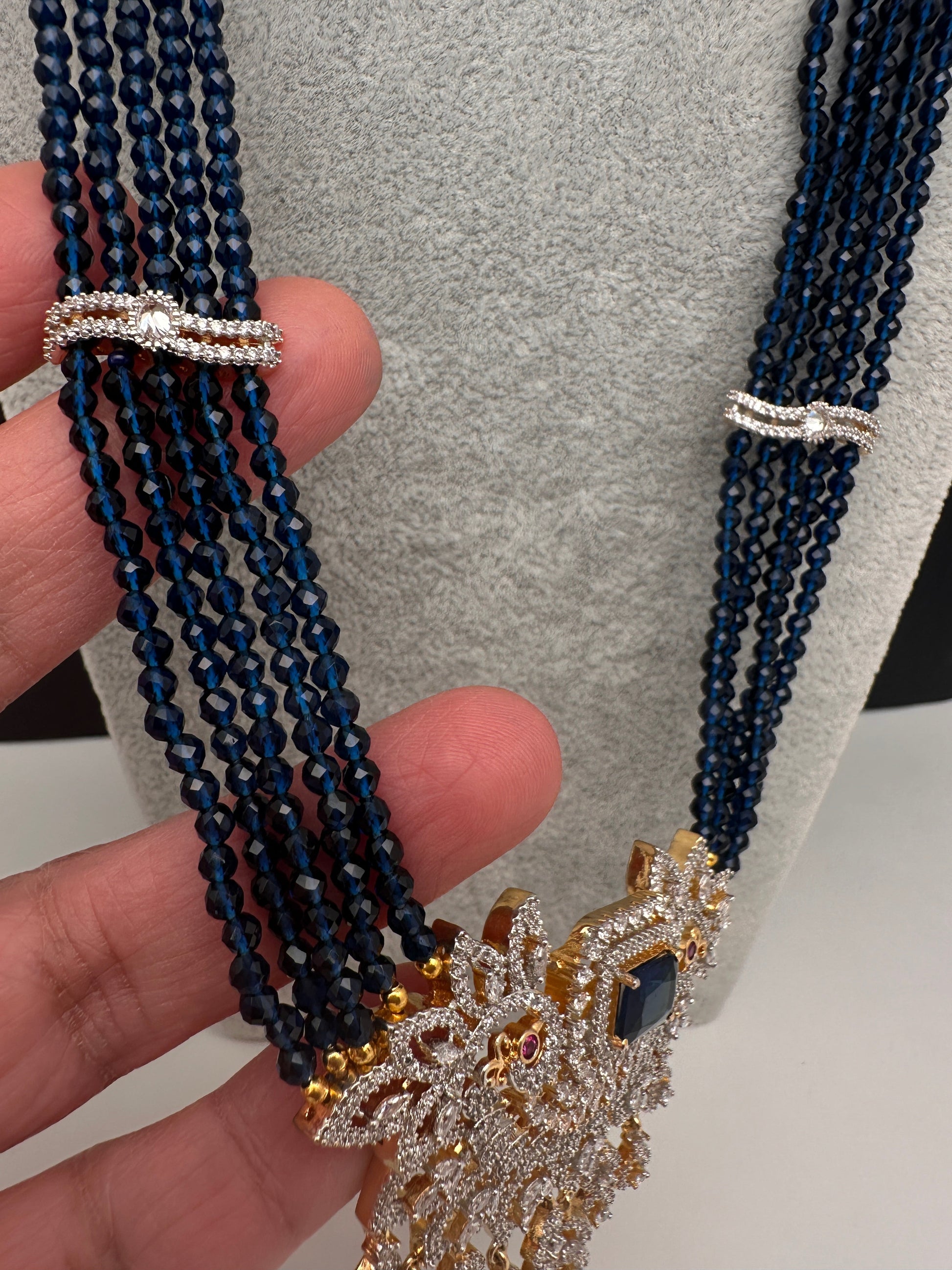 CZ Beads Long Color Stone Peacock Necklace - Blue