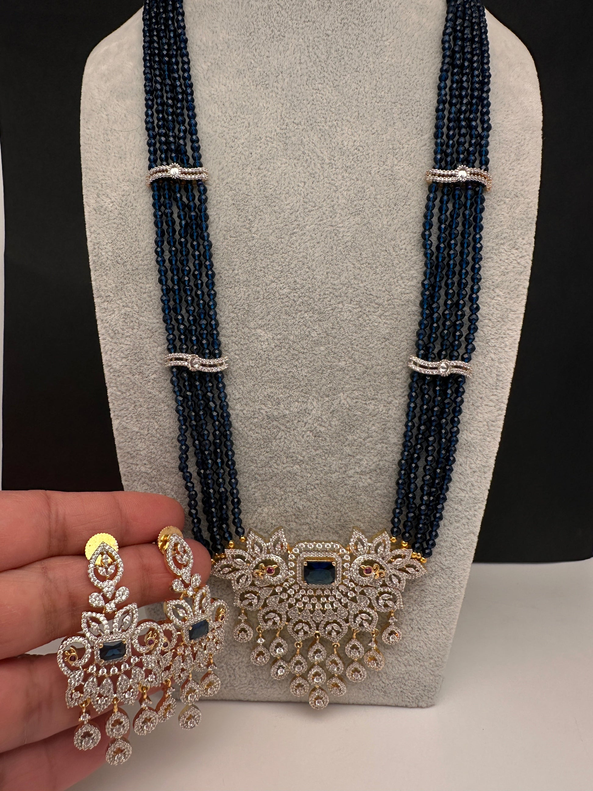 CZ Beads Long Color Stone Peacock Necklace - Blue
