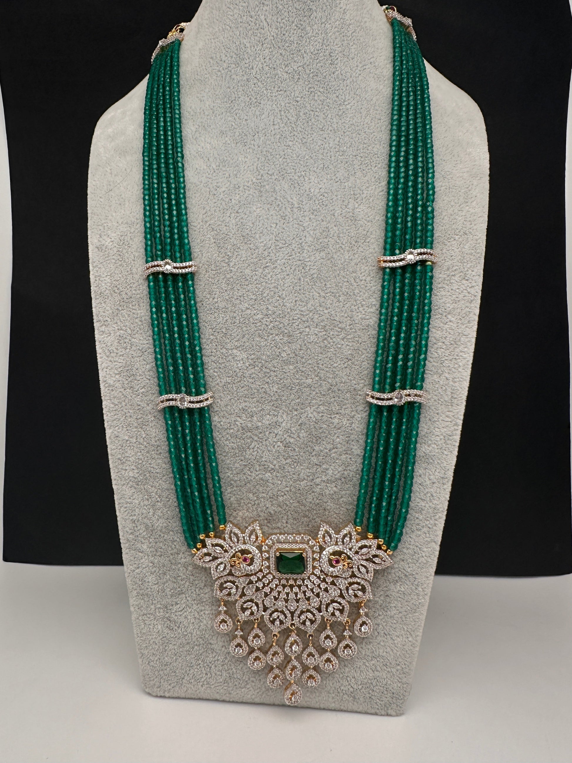 CZ Beads Long Color Stone Peacock Necklace - Green
