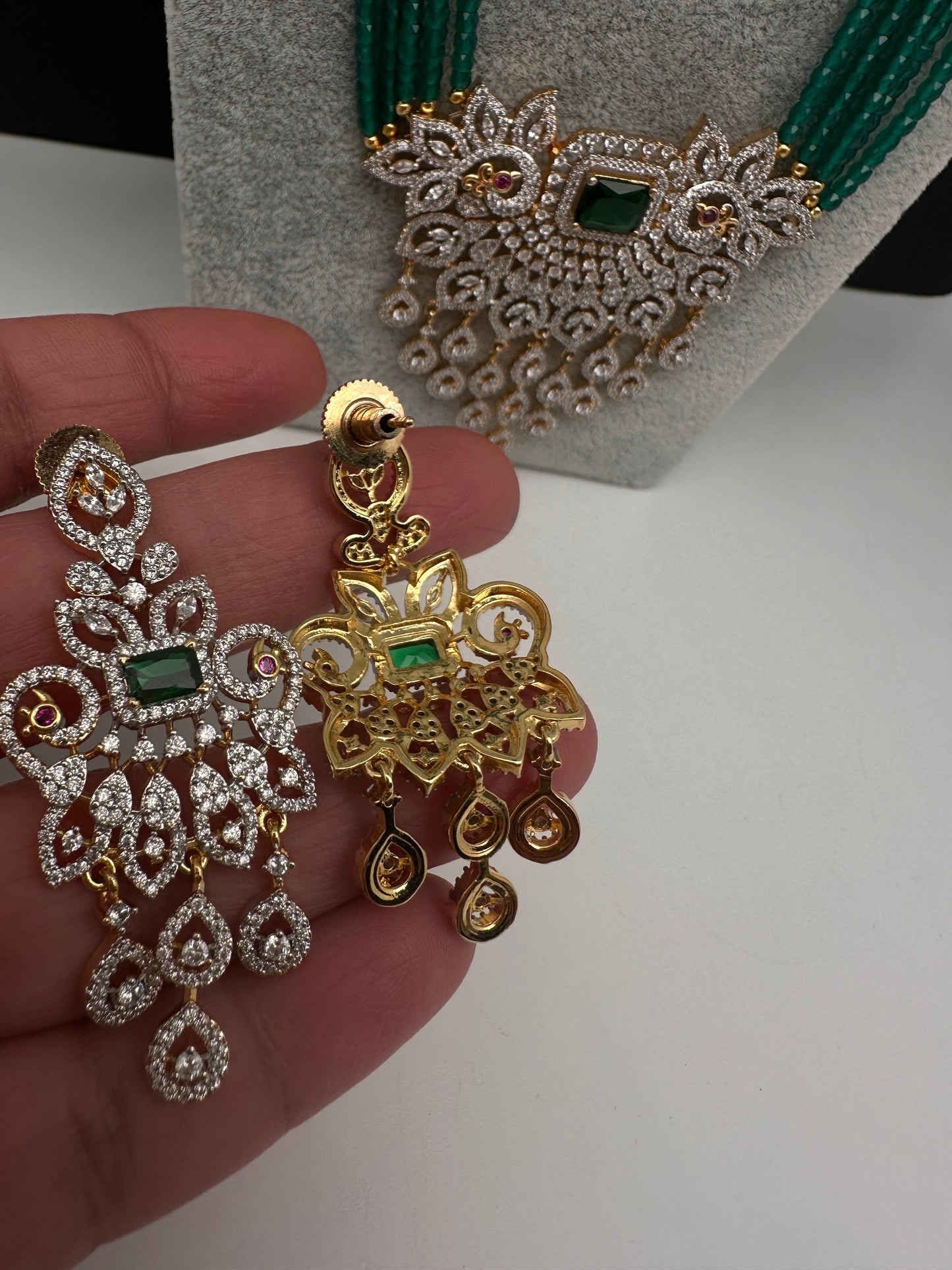 CZ Beads Long Color Stone Peacock Necklace - Green