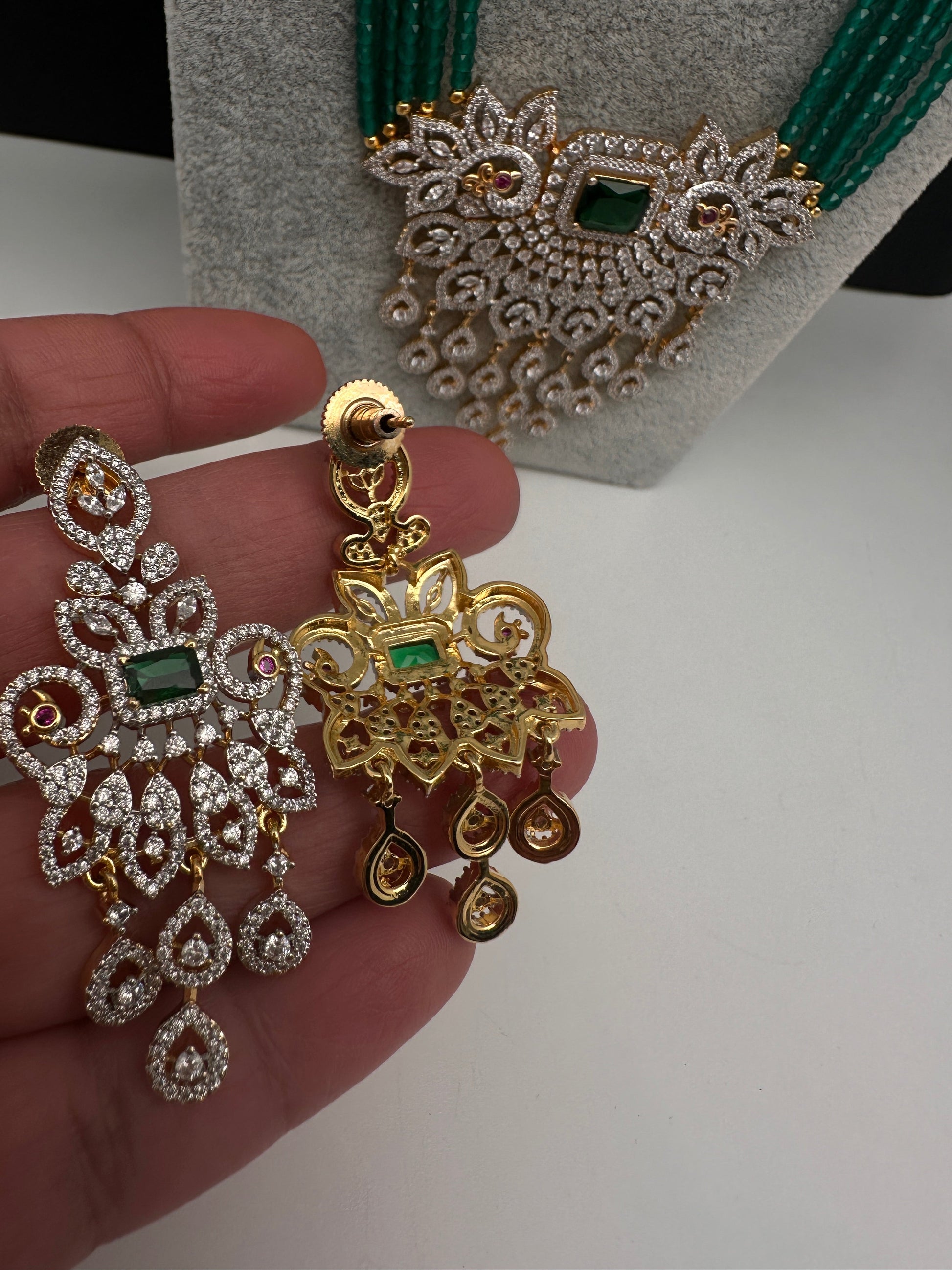 CZ Beads Long Color Stone Peacock Necklace - Green