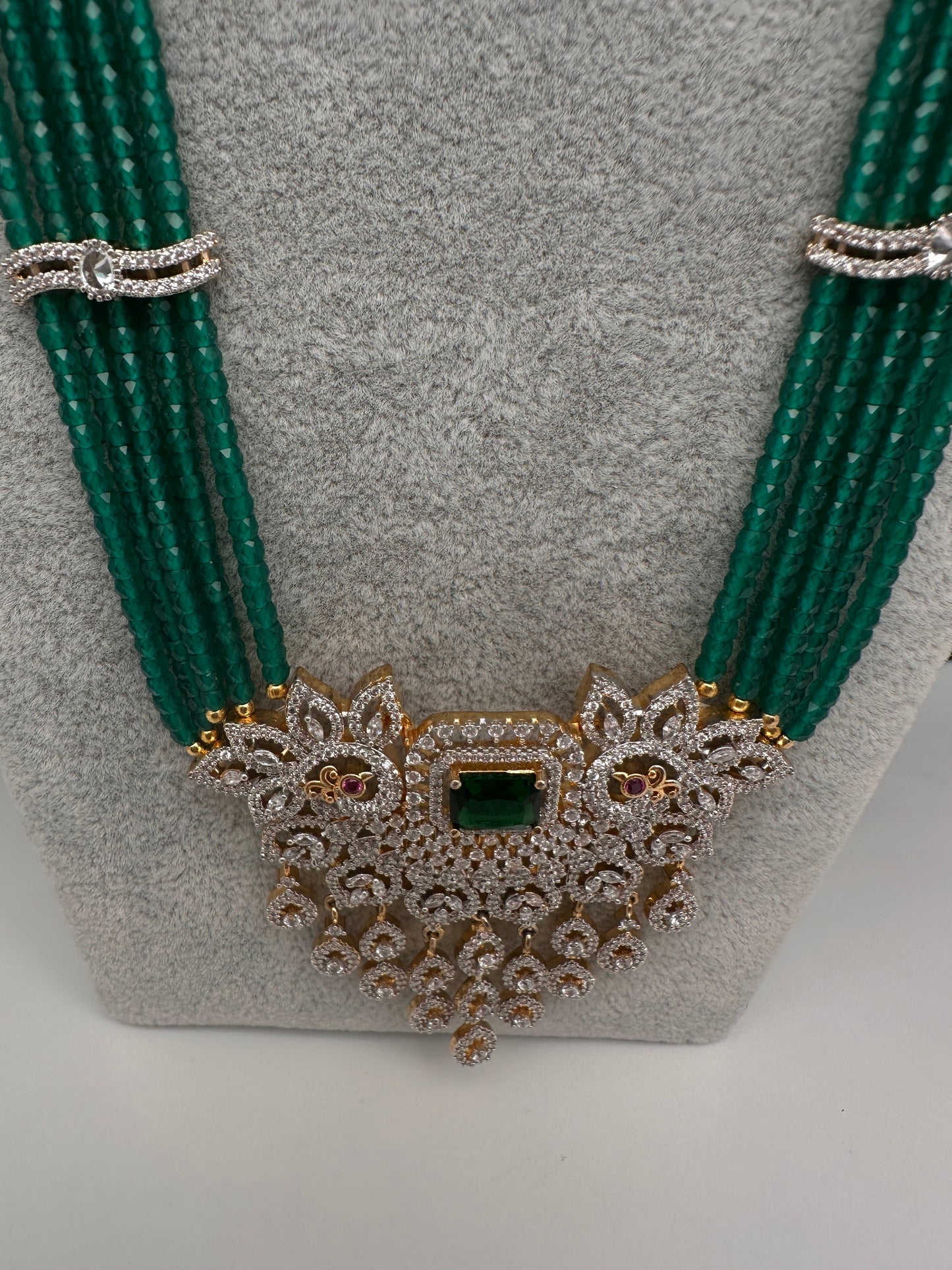 CZ Beads Long Color Stone Peacock Necklace - Green