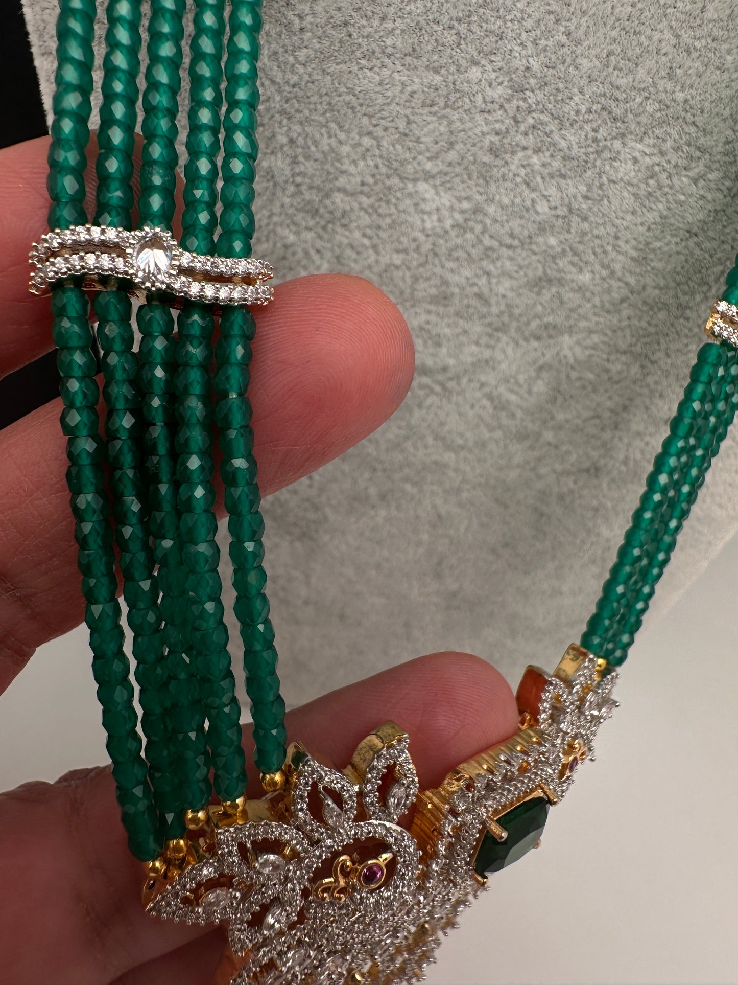 CZ Beads Long Color Stone Peacock Necklace - Green