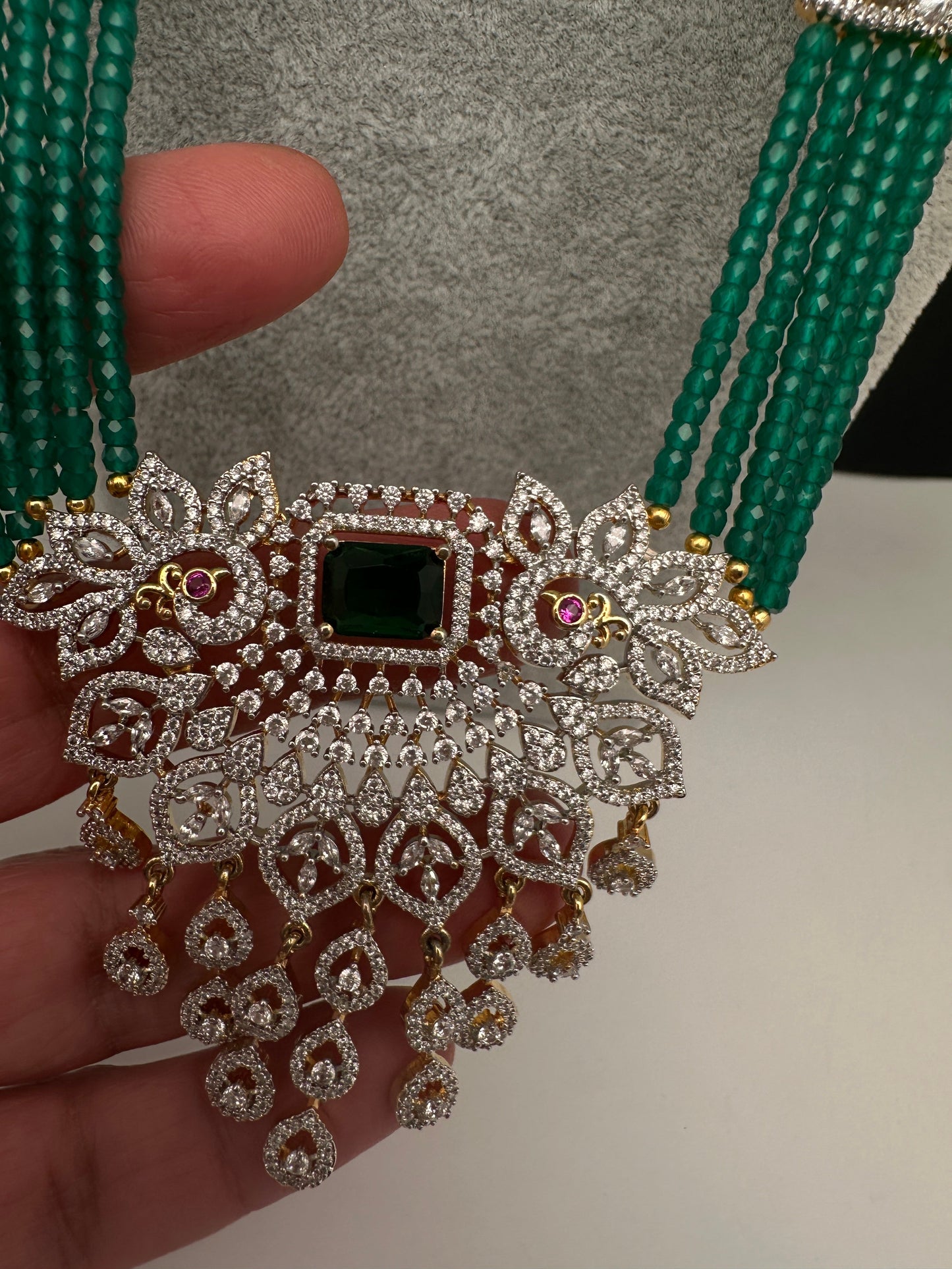 CZ Beads Long Color Stone Peacock Necklace - Green