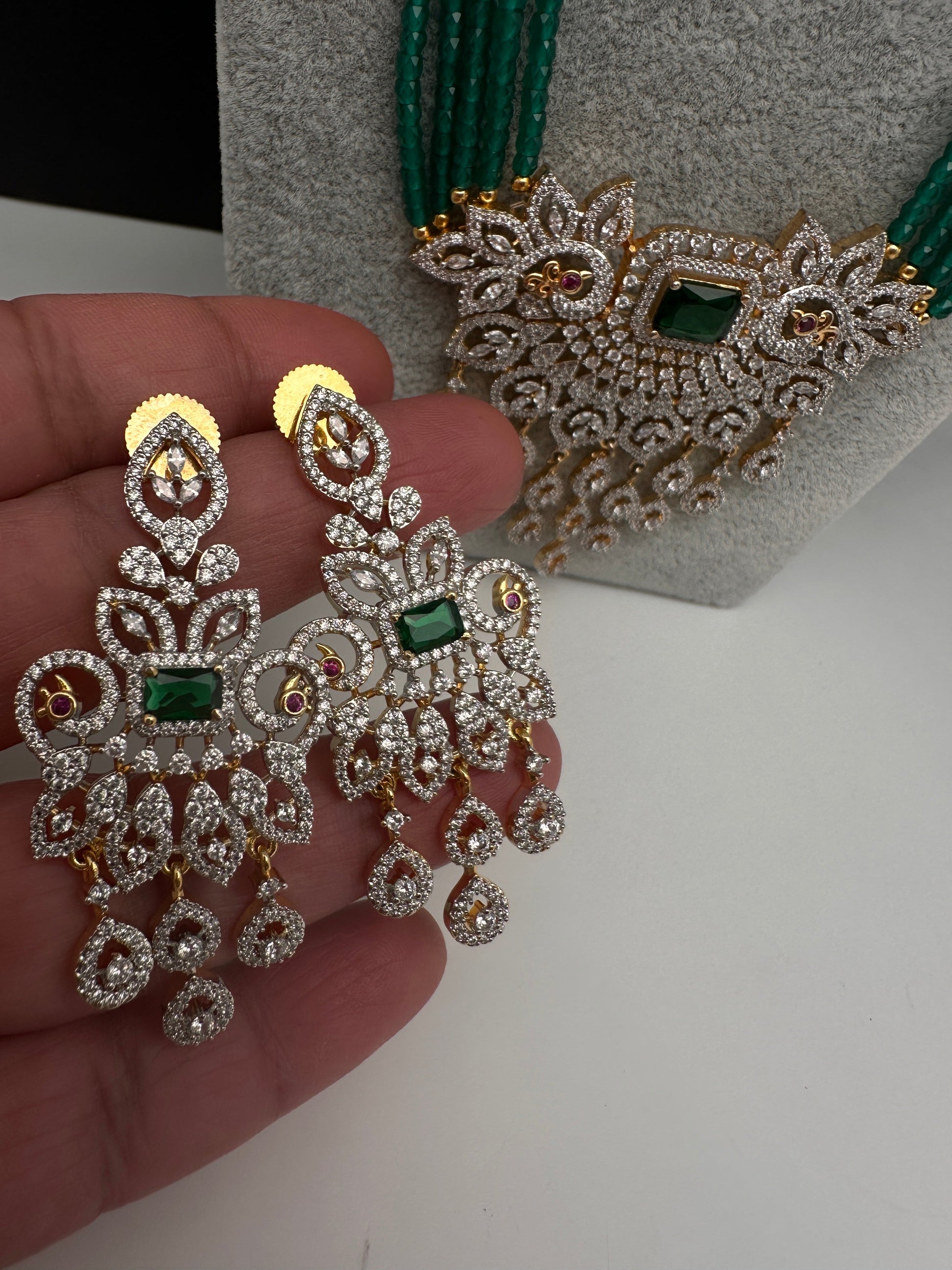 CZ Beads Long Color Stone Peacock Necklace - Green