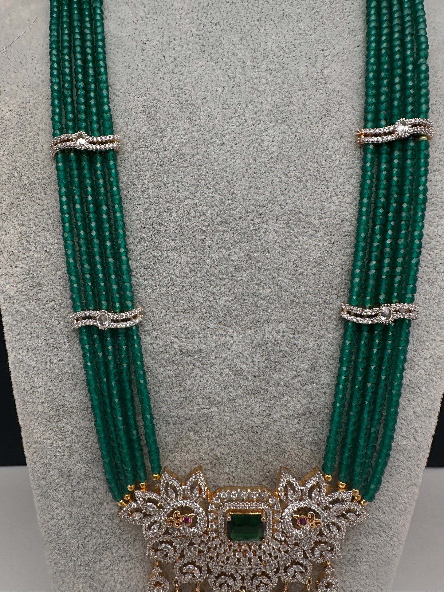 CZ Beads Long Color Stone Peacock Necklace - Green