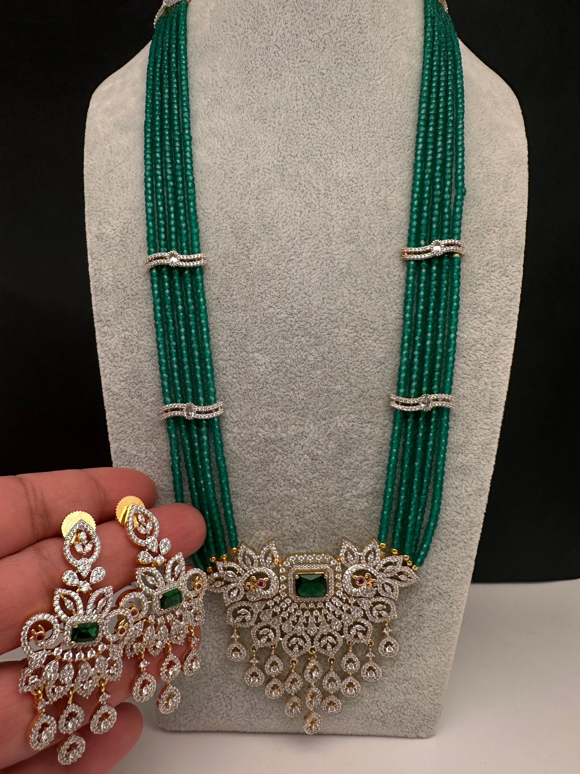 CZ Beads Long Color Stone Peacock Necklace - Green