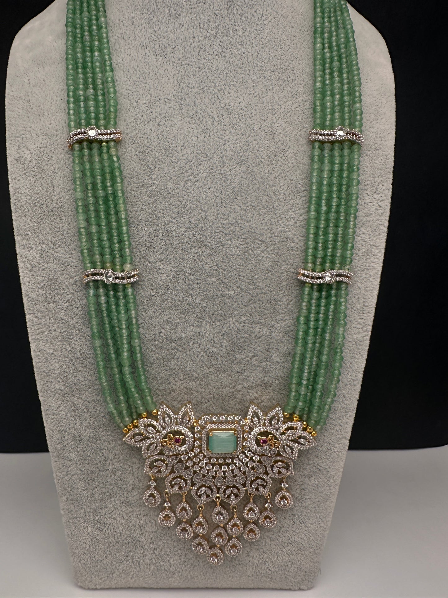 CZ Beads Long Color Stone Peacock Necklace - MintGreen