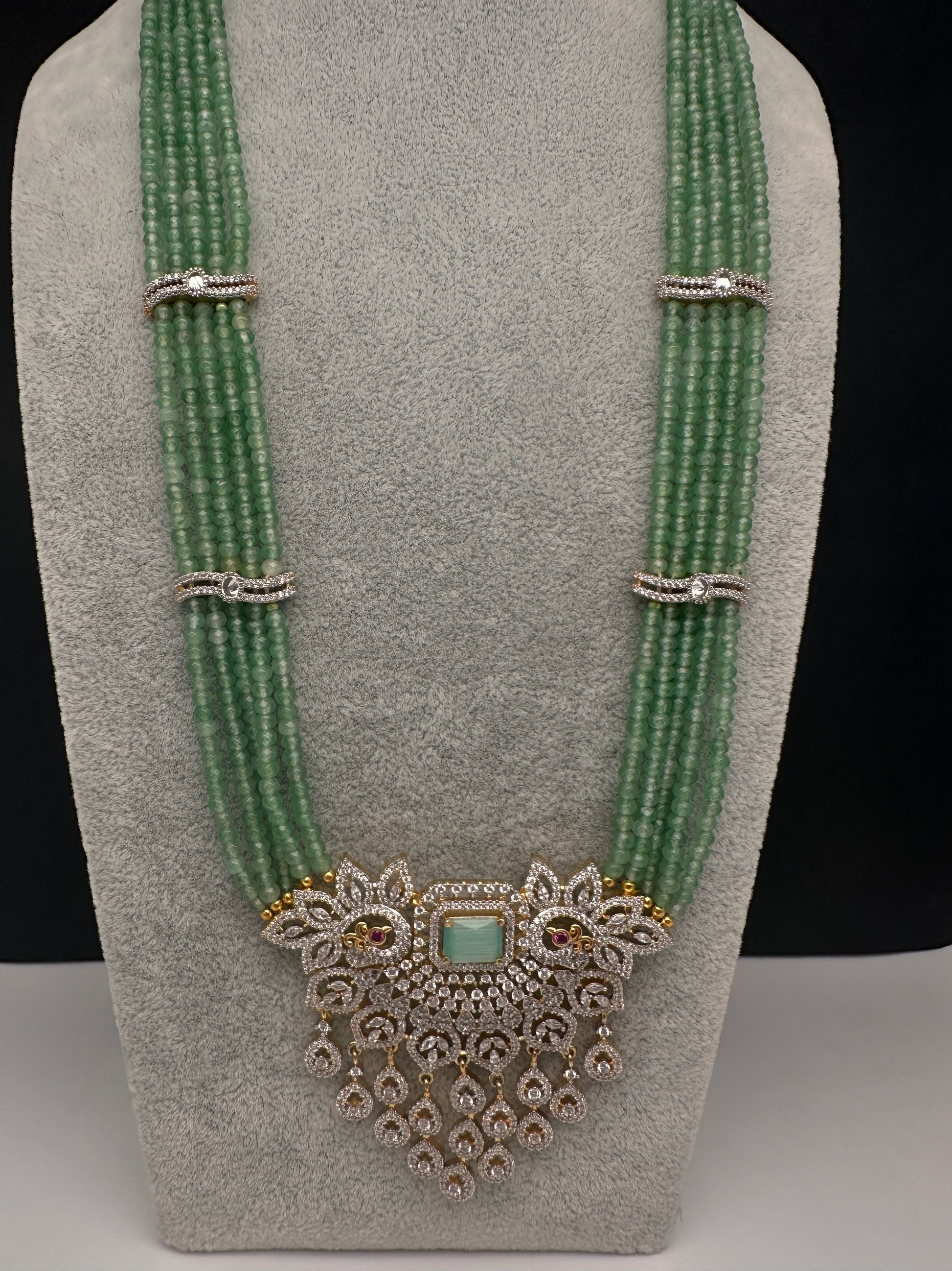 CZ Beads Long Color Stone Peacock Necklace - MintGreen