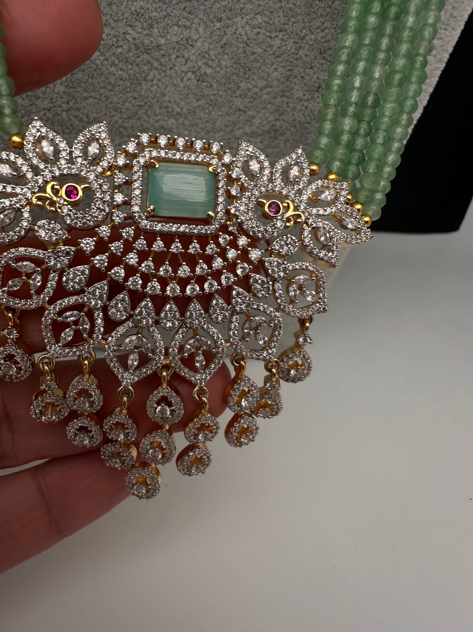 CZ Beads Long Color Stone Peacock Necklace - MintGreen