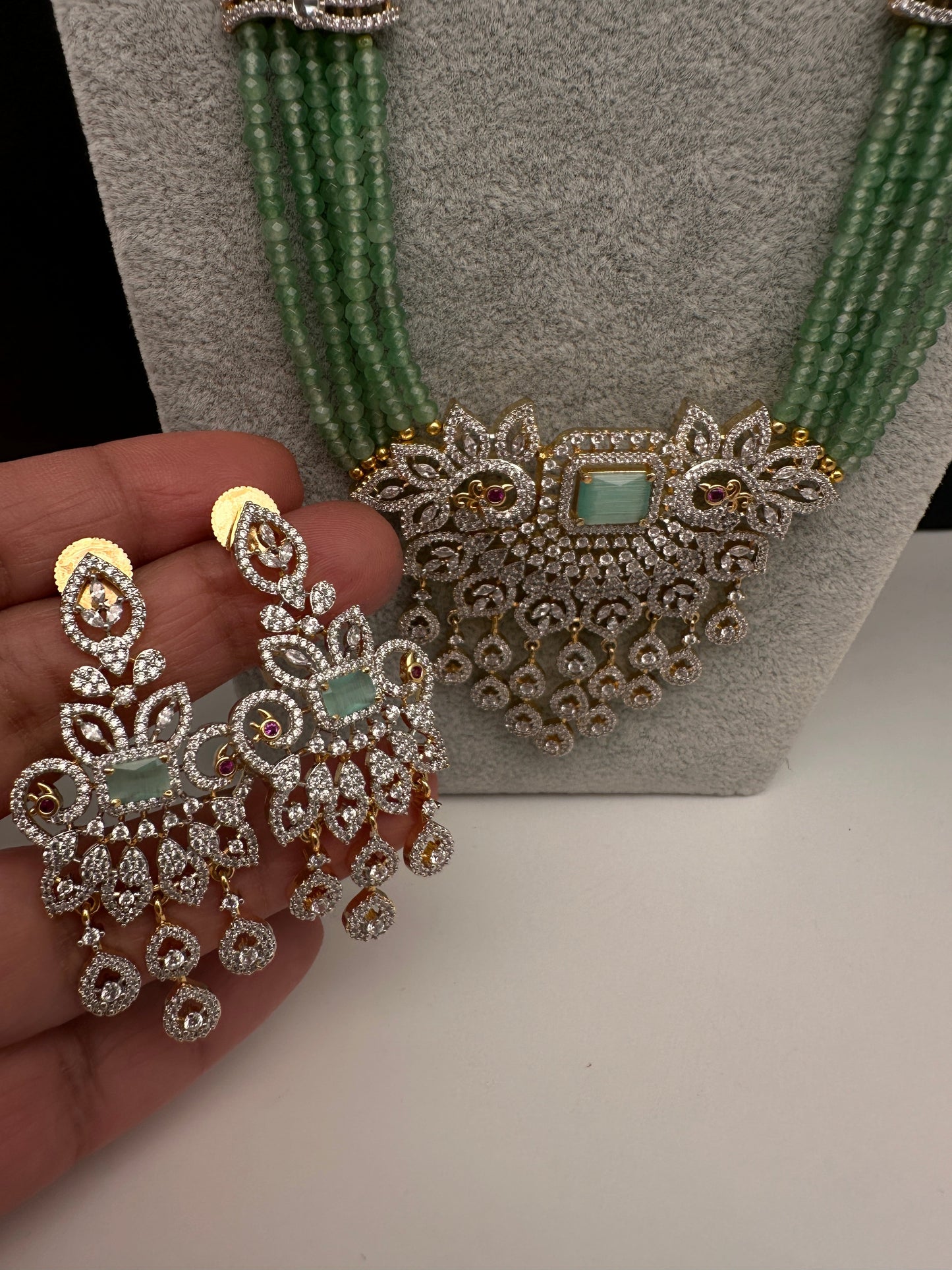 CZ Beads Long Color Stone Peacock Necklace - MintGreen