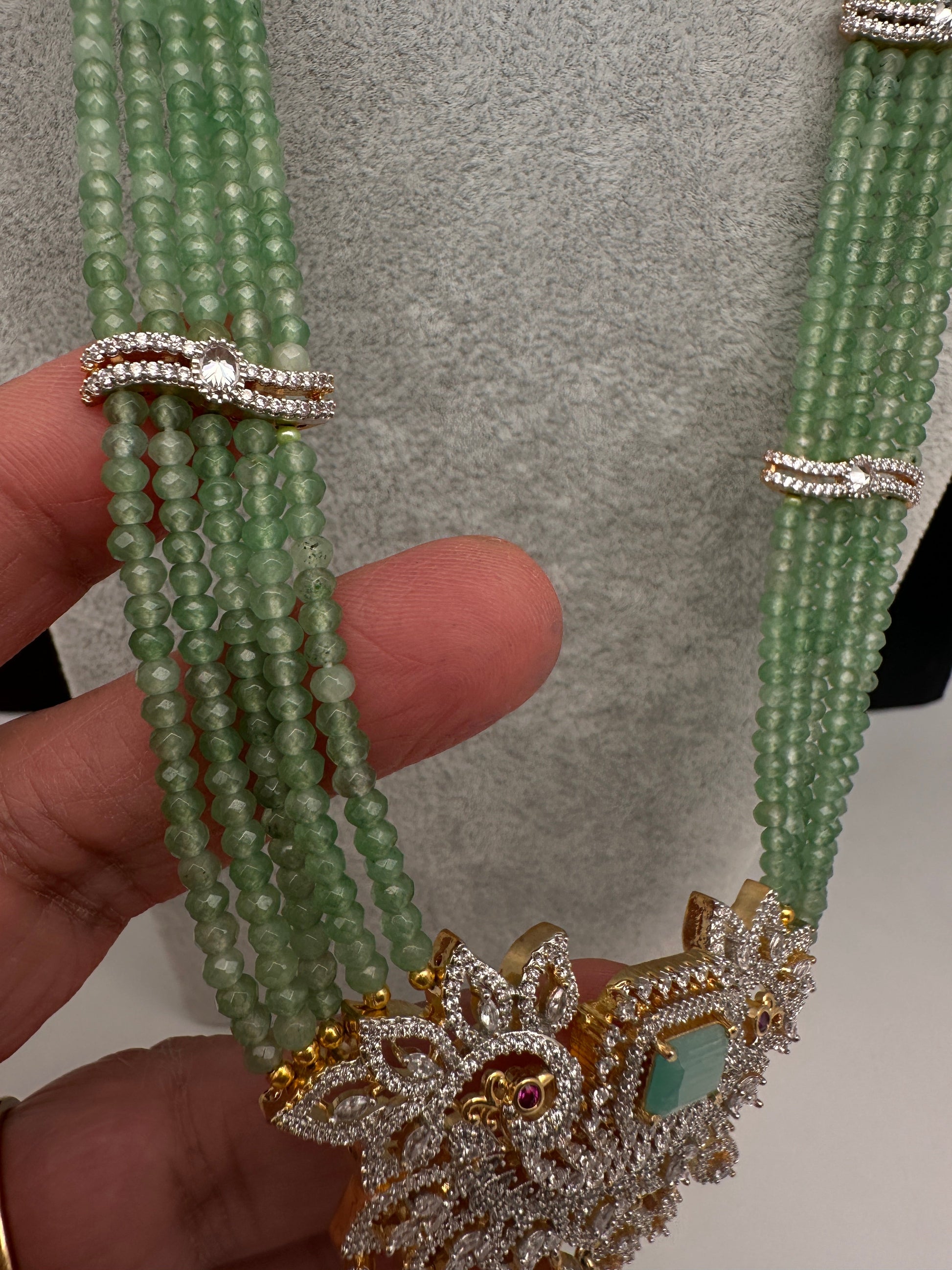 CZ Beads Long Color Stone Peacock Necklace - MintGreen