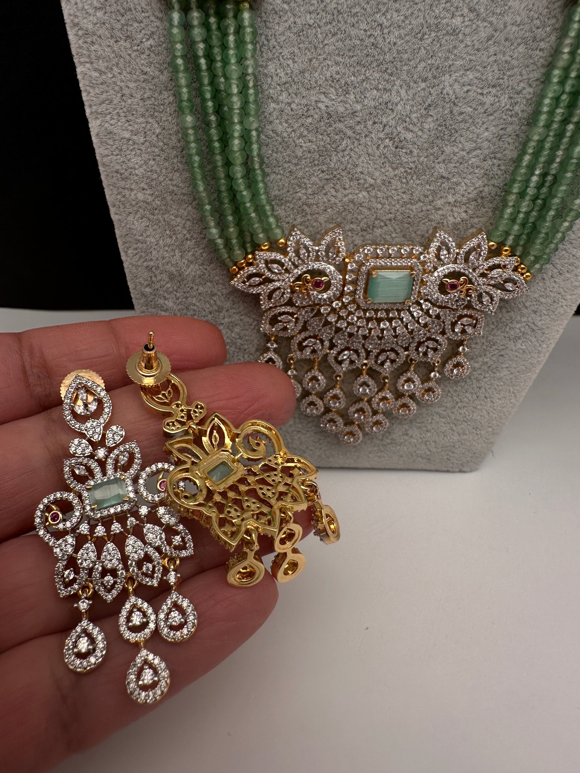 CZ Beads Long Color Stone Peacock Necklace - MintGreen