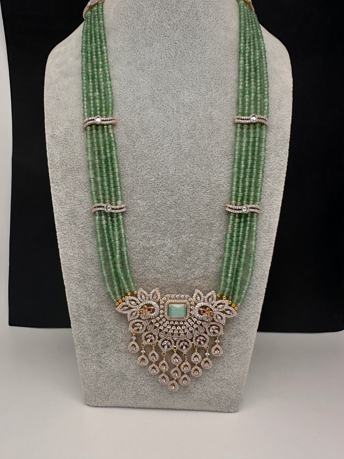 CZ Beads Long Color Stone Peacock Necklace - MintGreen