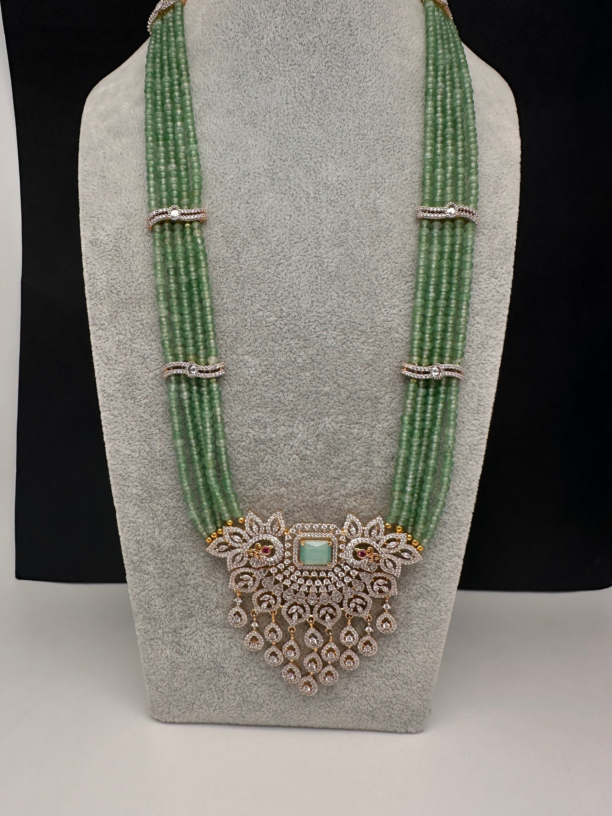 CZ Beads Long Color Stone Peacock Necklace - MintGreen