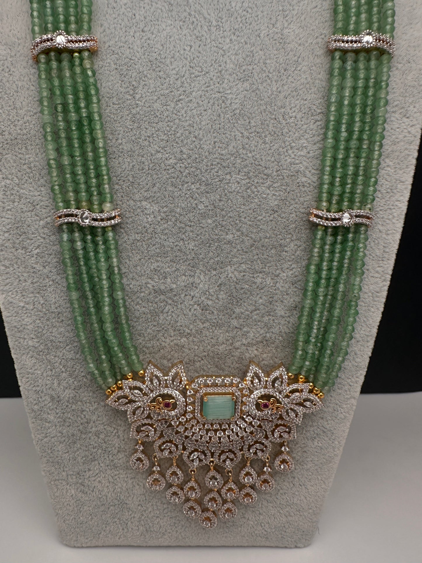 CZ Beads Long Color Stone Peacock Necklace - MintGreen