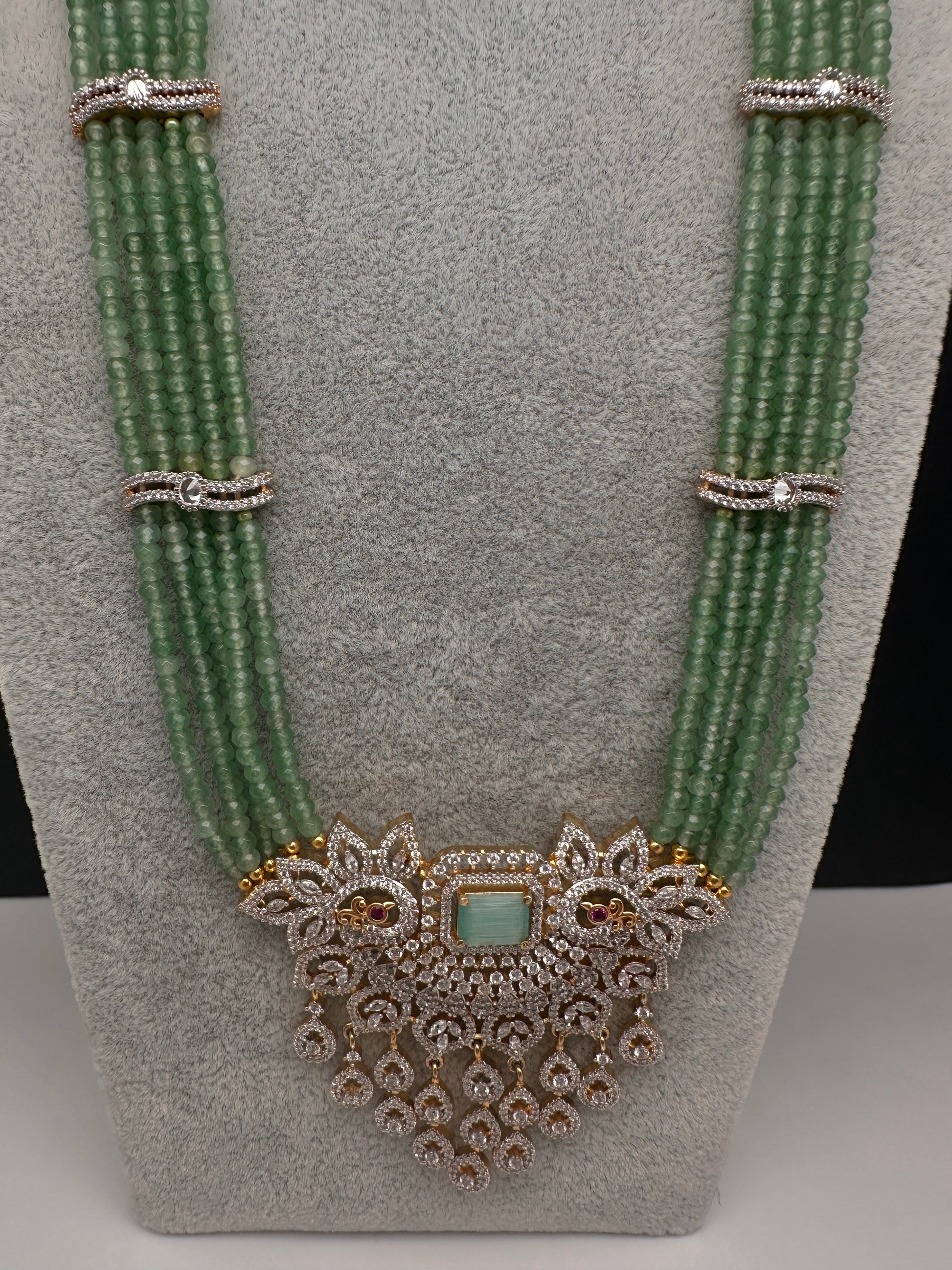 CZ Beads Long Color Stone Peacock Necklace - MintGreen