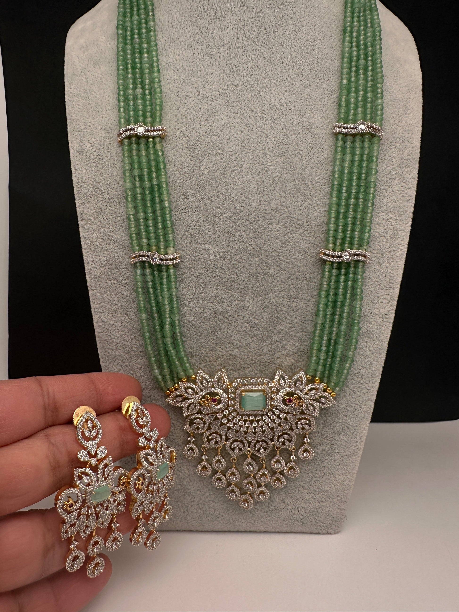 CZ Beads Long Color Stone Peacock Necklace - MintGreen