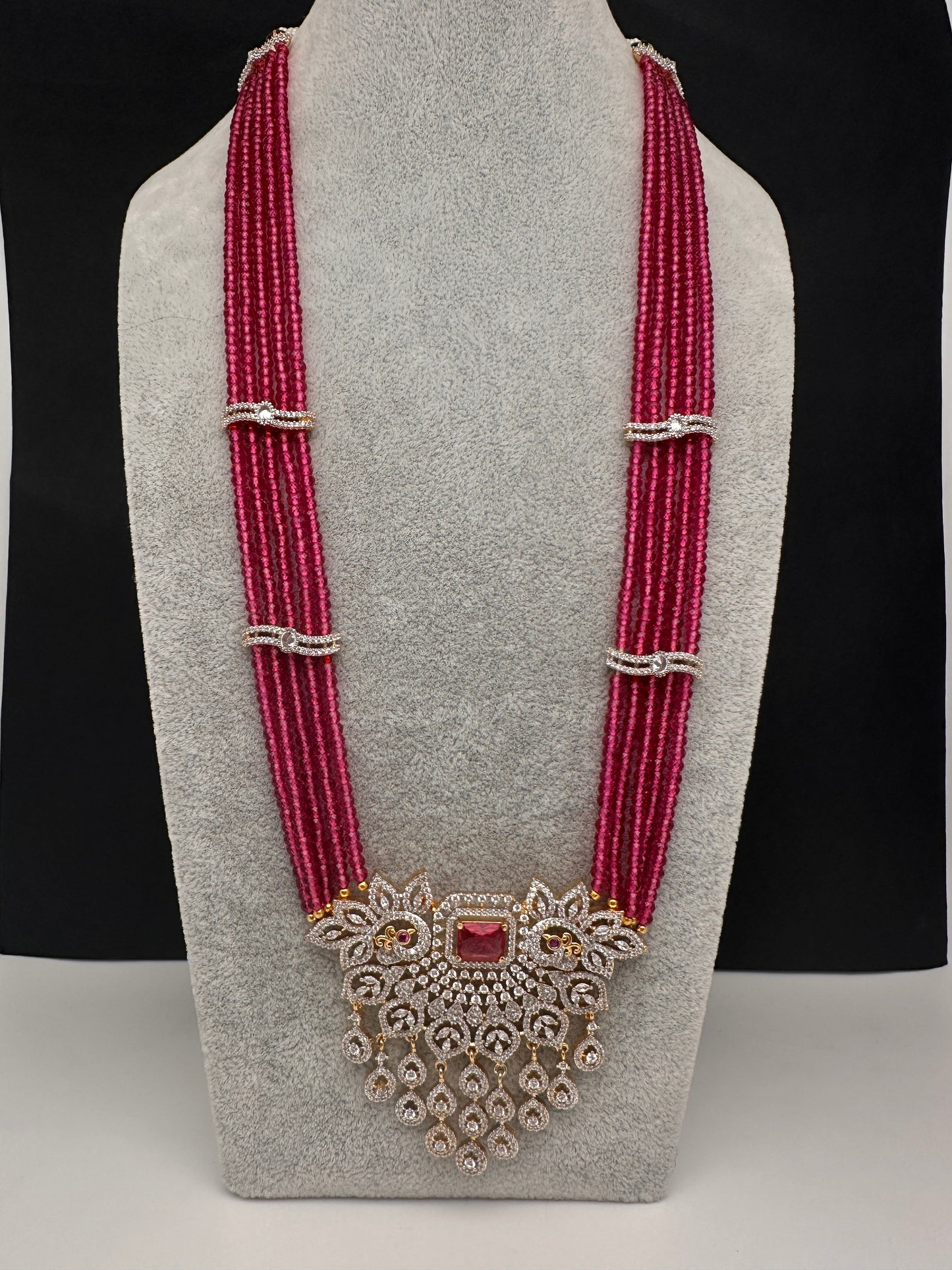 CZ Beads Long Color Stone Peacock Necklace - Pink