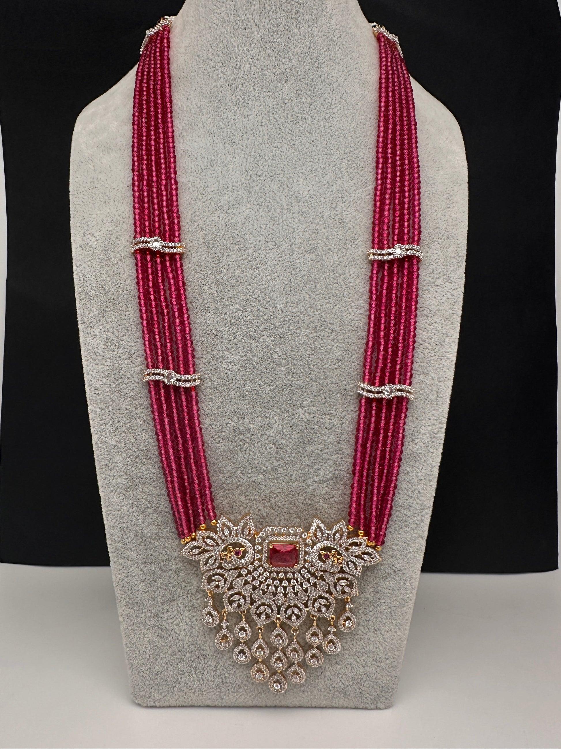 CZ Beads Long Color Stone Peacock Necklace - Pink