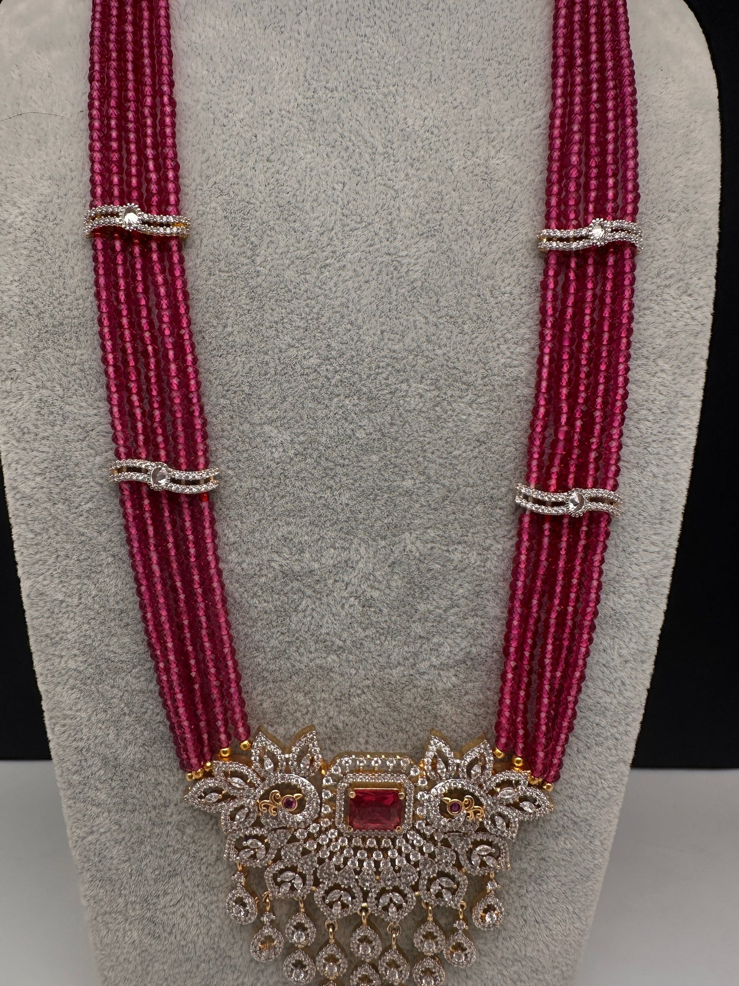 CZ Beads Long Color Stone Peacock Necklace - Pink