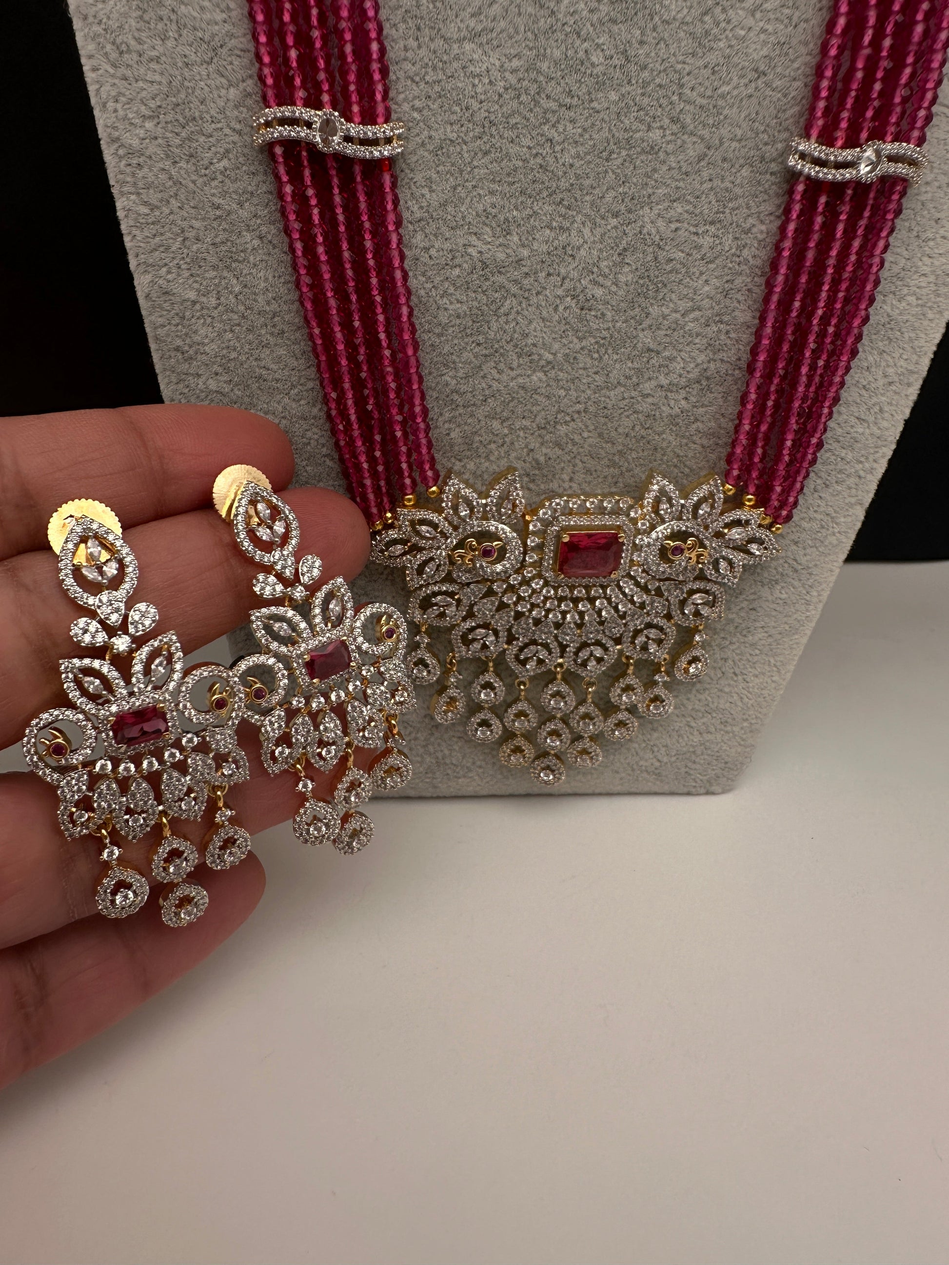 CZ Beads Long Color Stone Peacock Necklace - Pink