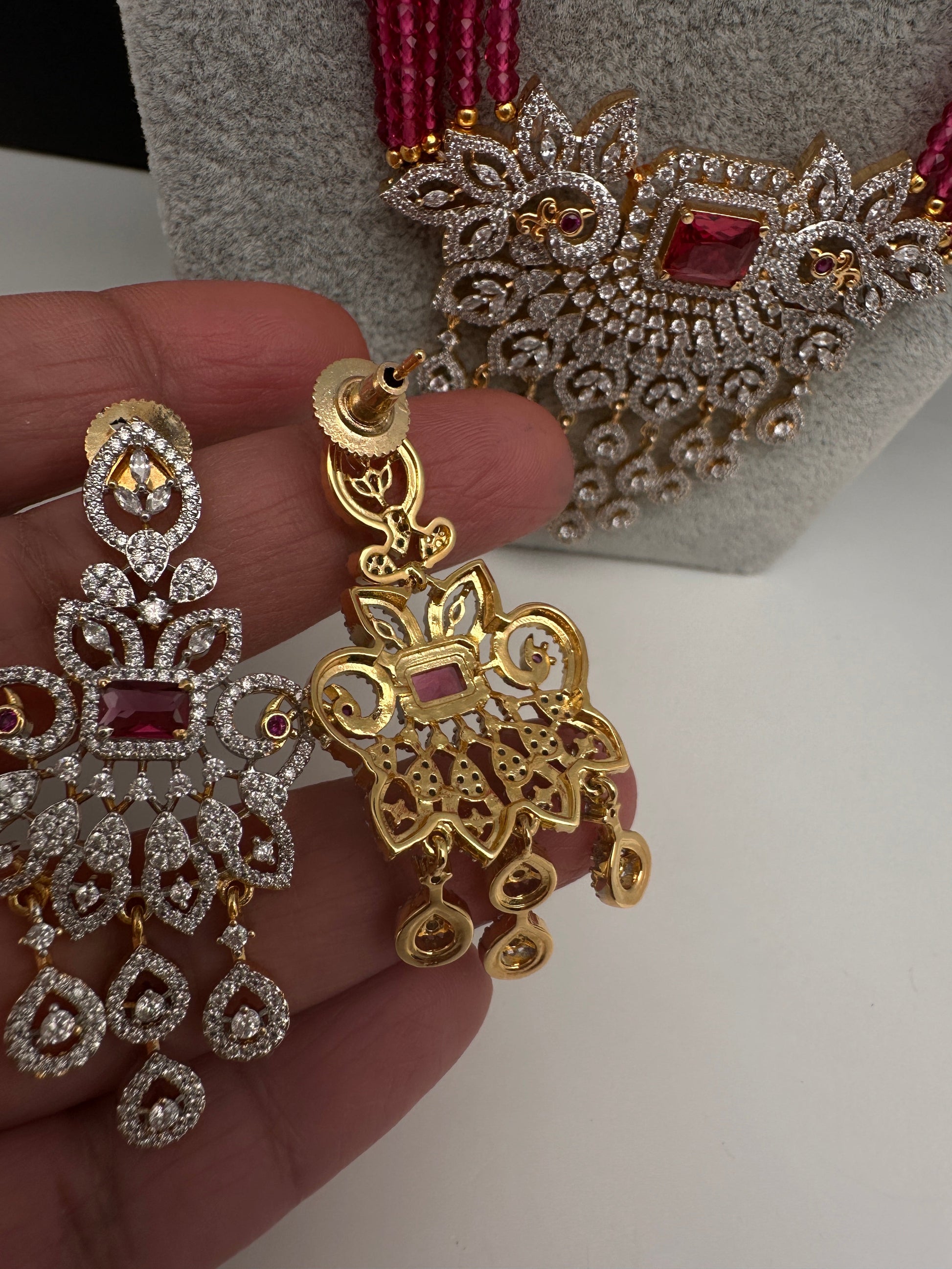 CZ Beads Long Color Stone Peacock Necklace - Pink