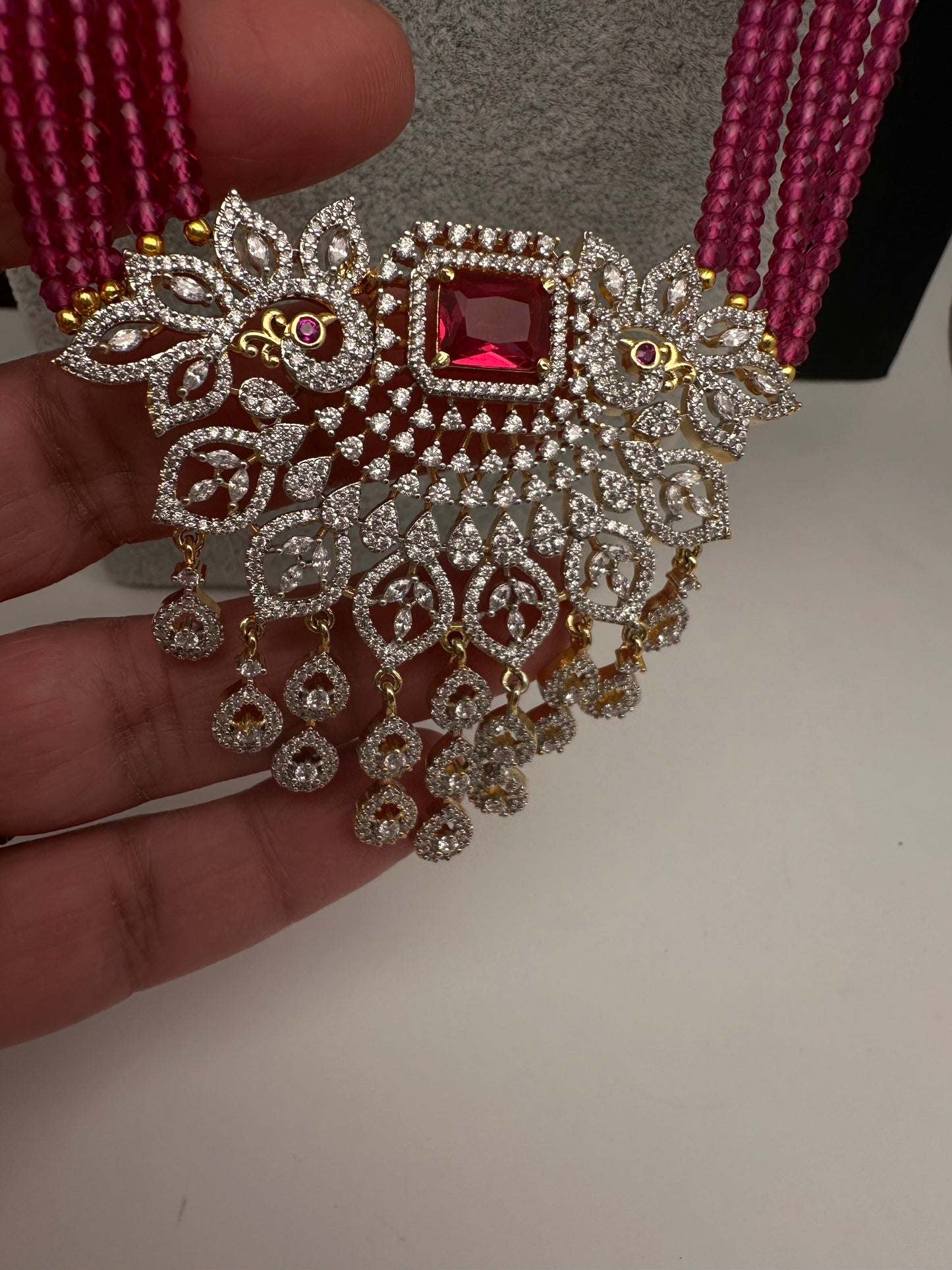 CZ Beads Long Color Stone Peacock Necklace - Pink