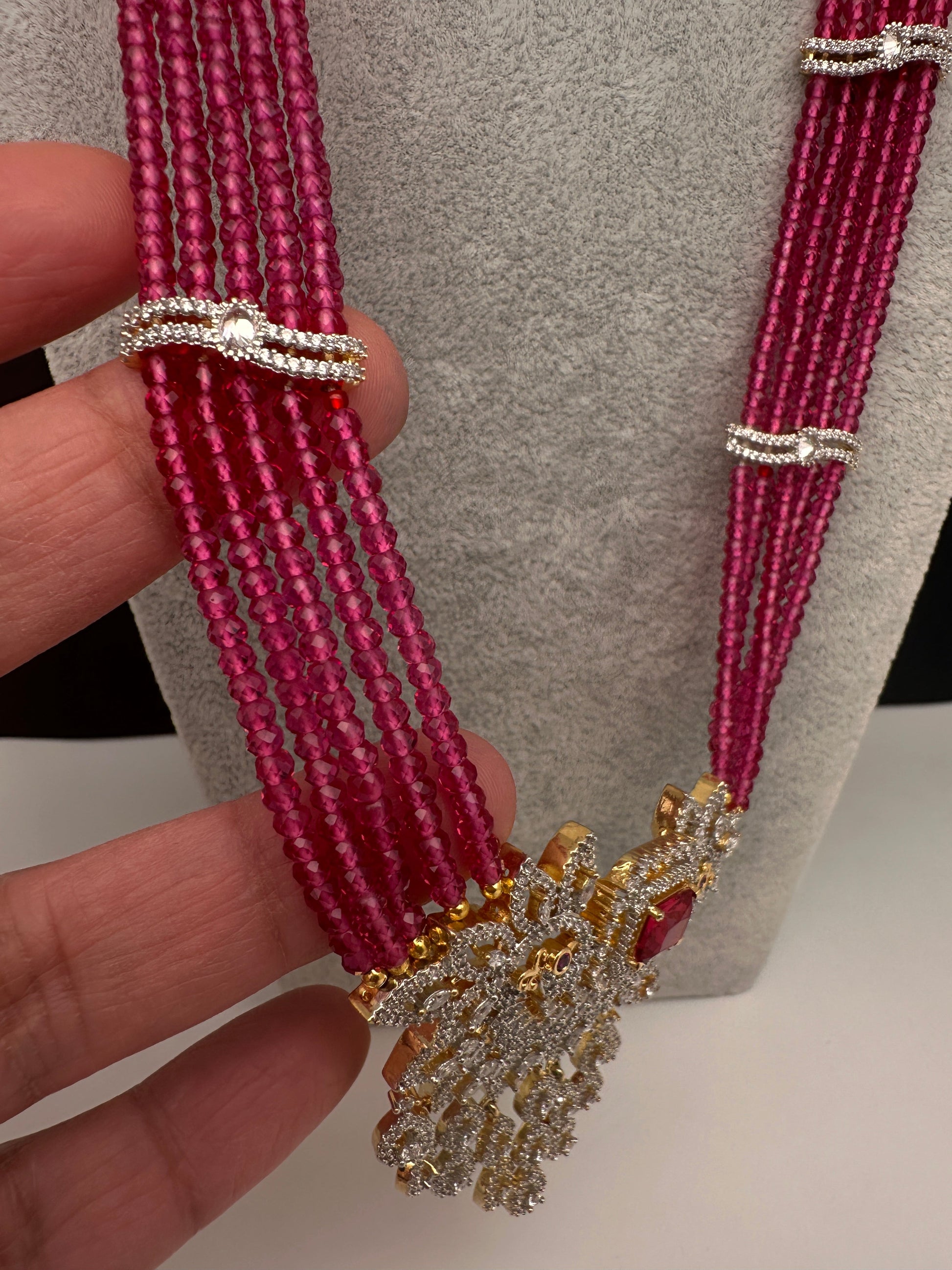 CZ Beads Long Color Stone Peacock Necklace - Pink